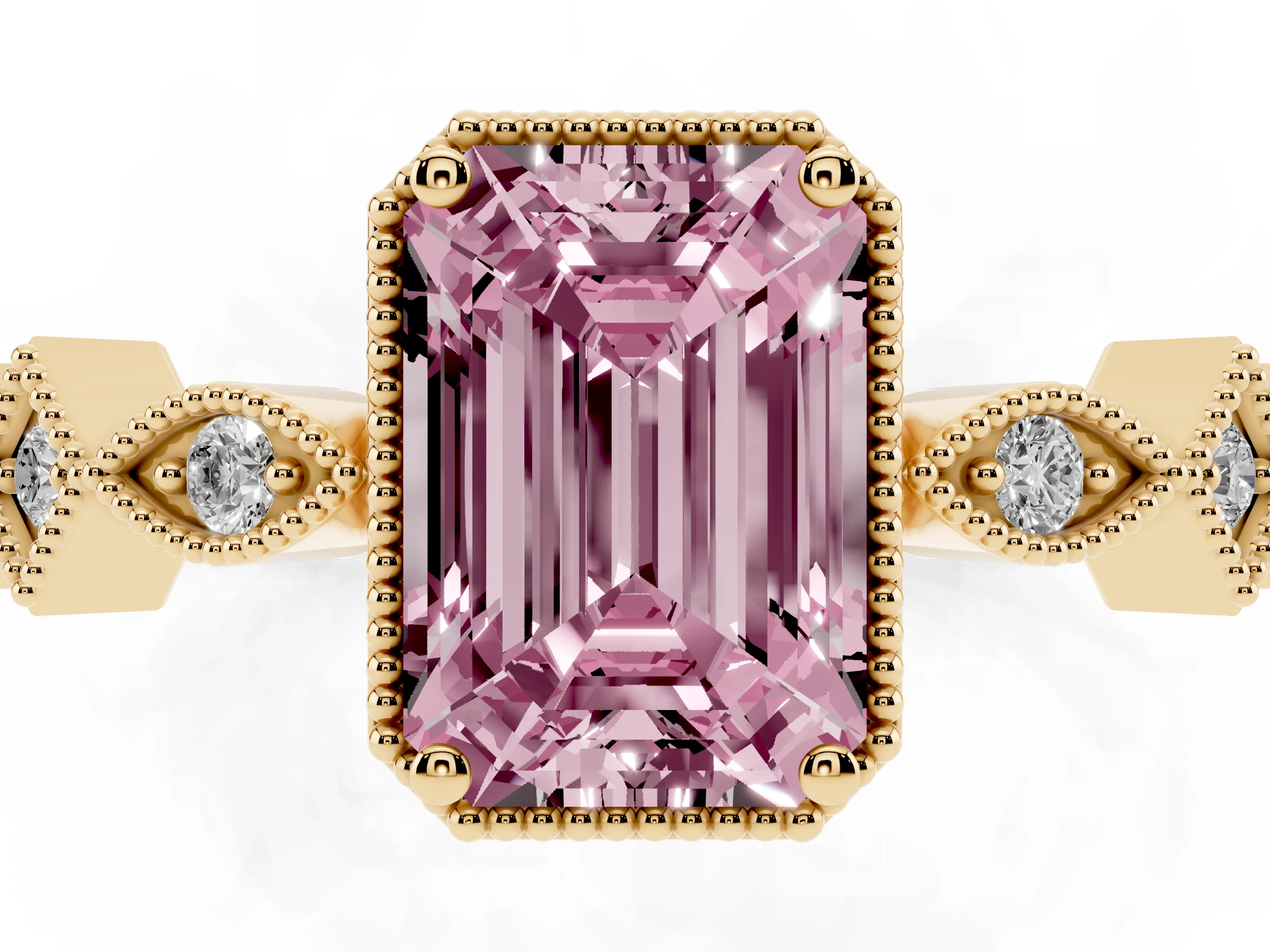 Fancy Pink Emerald Cut Diamond Milgrain Marquise Twist Band Ring Set in Yellow gold with Prong Setting