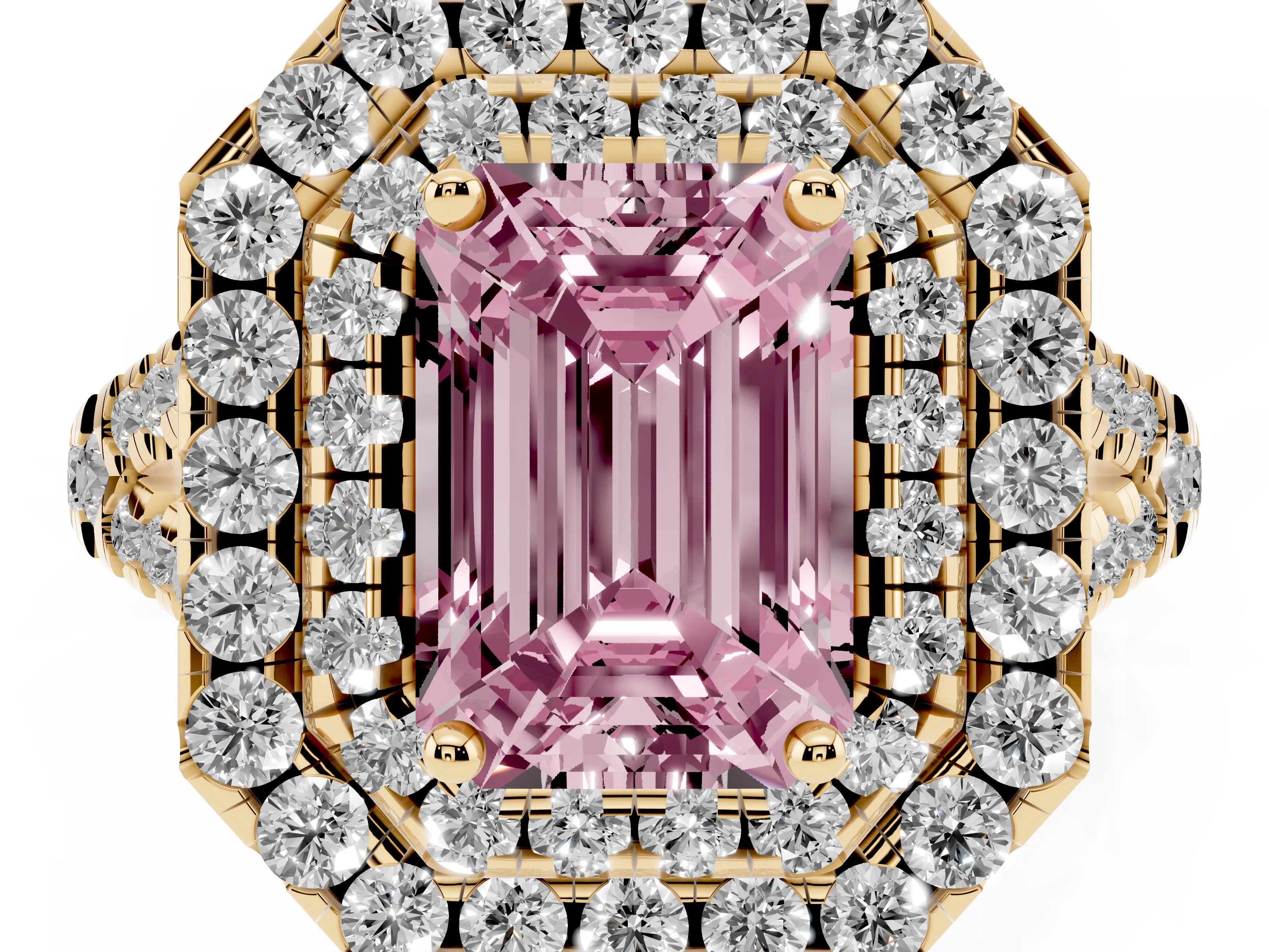 Fancy Pink Emerald Cut Diamond Double Halo Ring Set in Yellow gold with Pavé Split Shank and Prong Setting