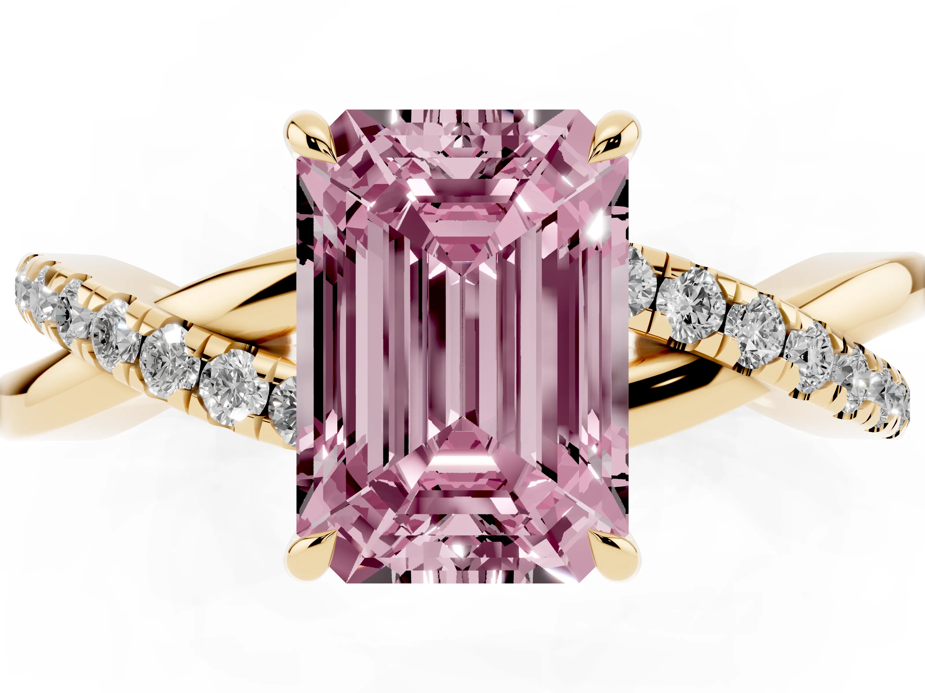 Fancy Pink Emerald Cut Diamond Twisted Pavé Band Ring Set in Yellow gold with Prong Setting