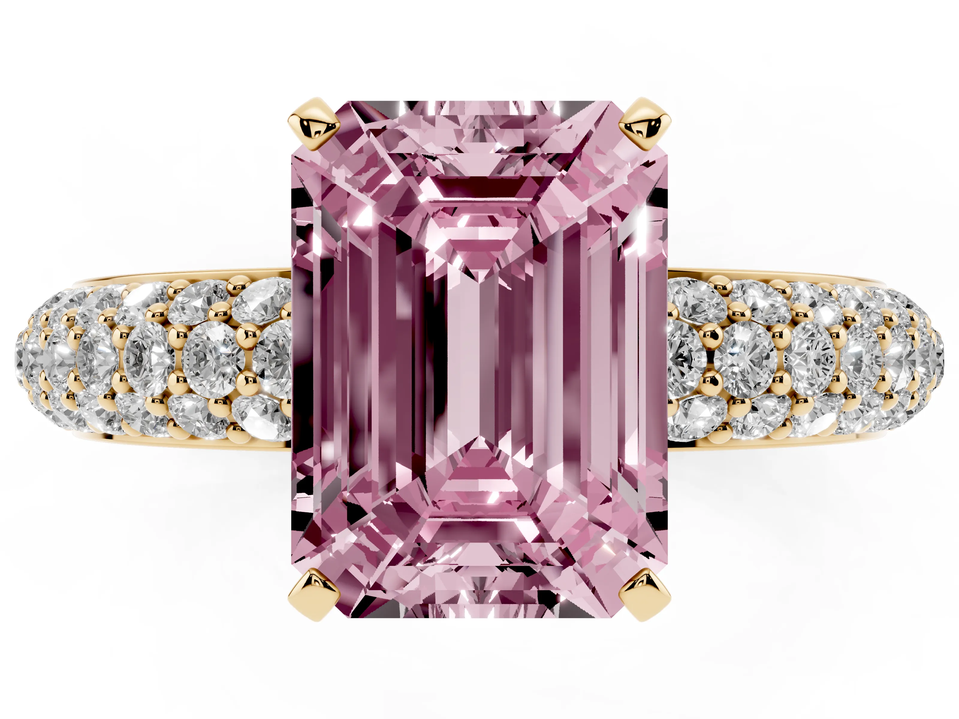 Fancy Pink Emerald Cut Diamond Solitaire Ring Set in Yellow gold with Prong Setting and Pavé-Set Band