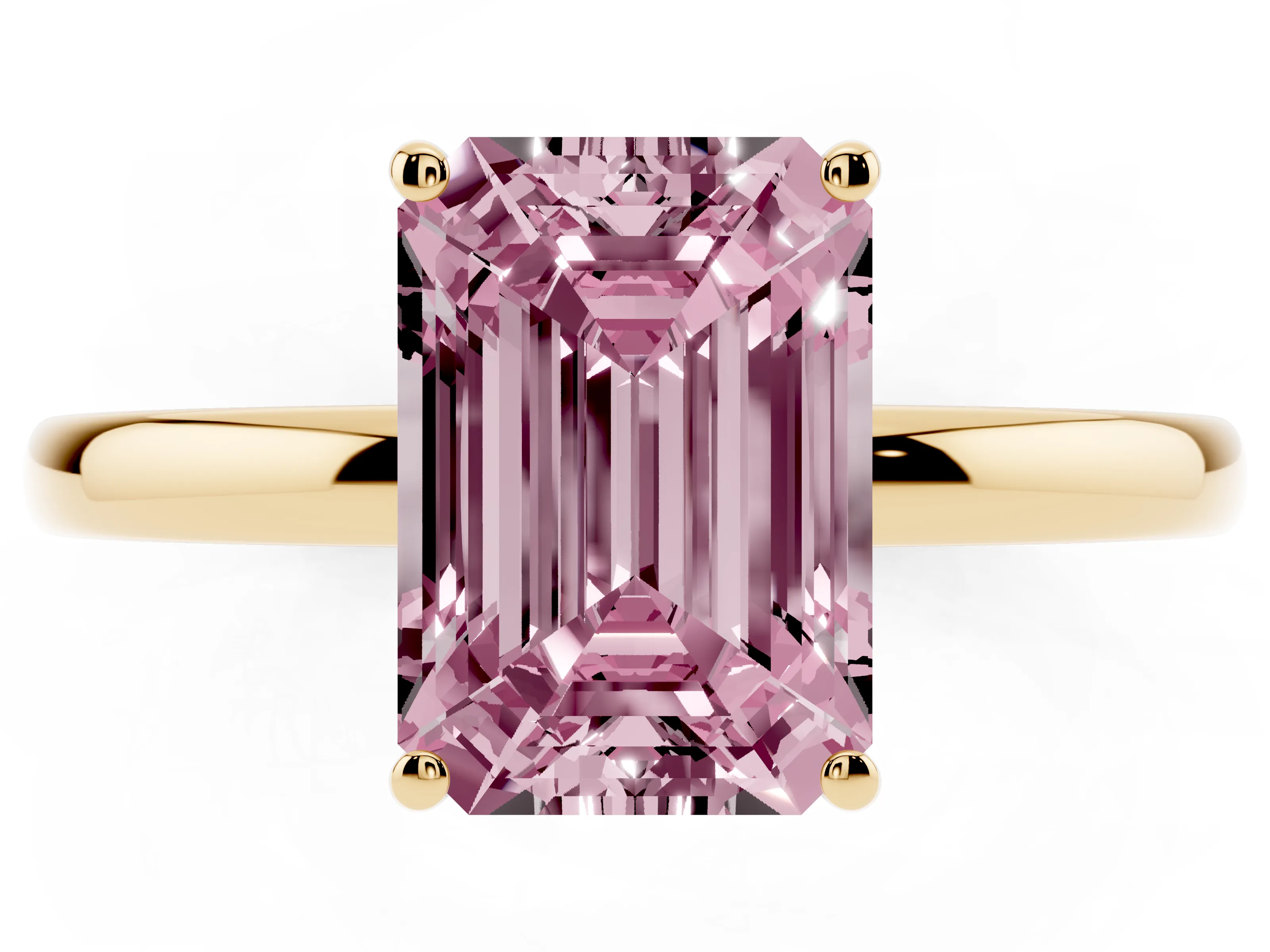 Fancy Pink Emerald Cut Diamond Solitaire Ring Set in Yellow gold with Plain Band and Prong Setting