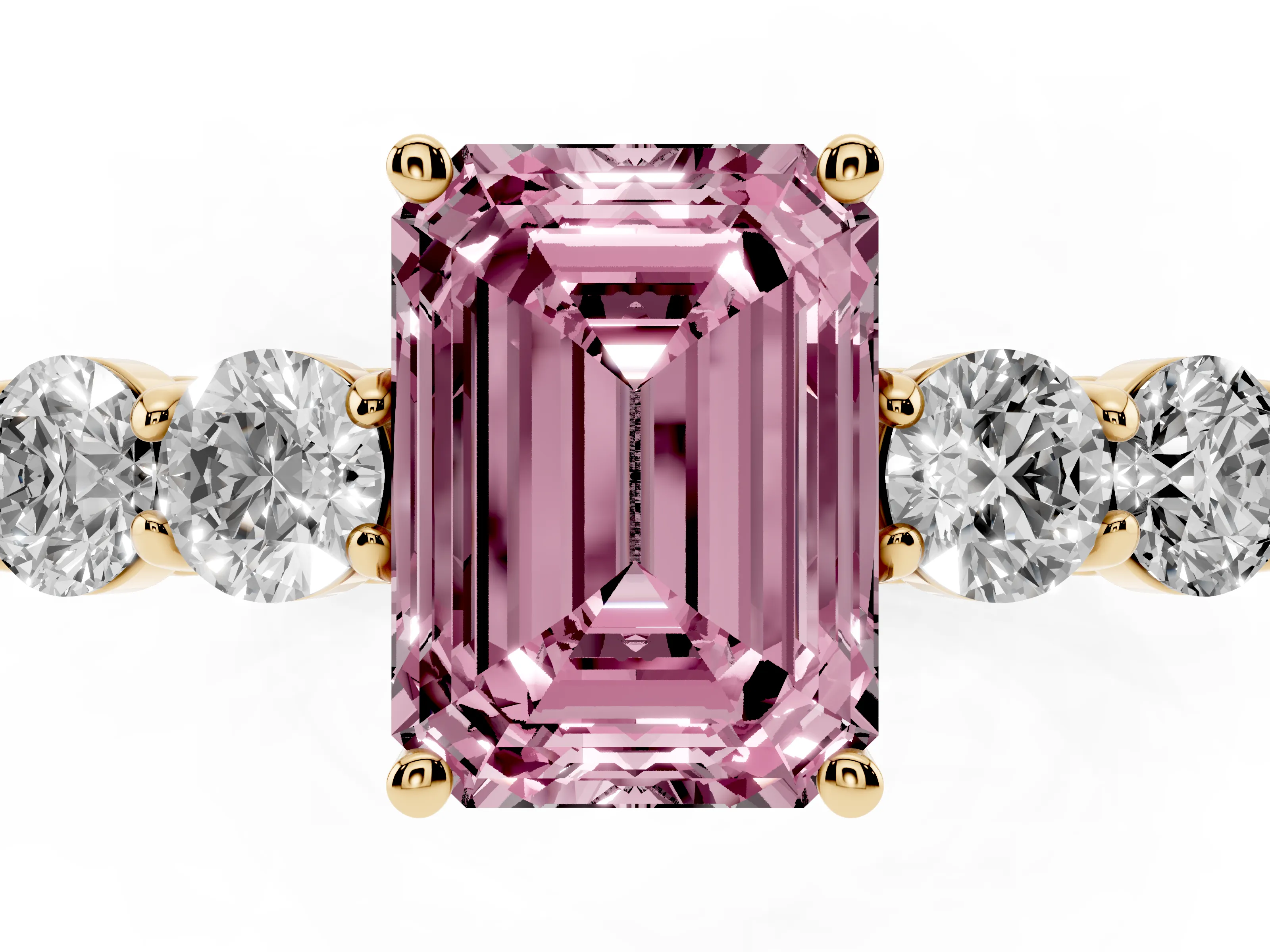 Fancy Pink Emerald Cut Diamond Five-Stone Prong Set Band Ring Set in Yellow gold with Polished Band