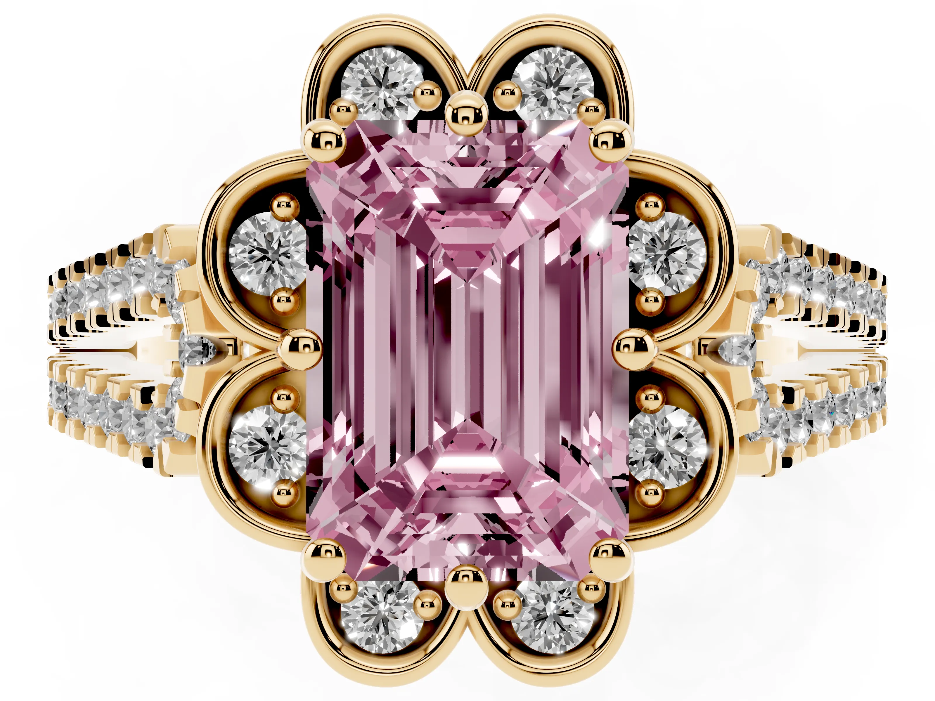 Fancy Pink Emerald Cut Diamond Floral Halo Split Shank Engagement Ring Set in Yellow gold with Pavé Shank