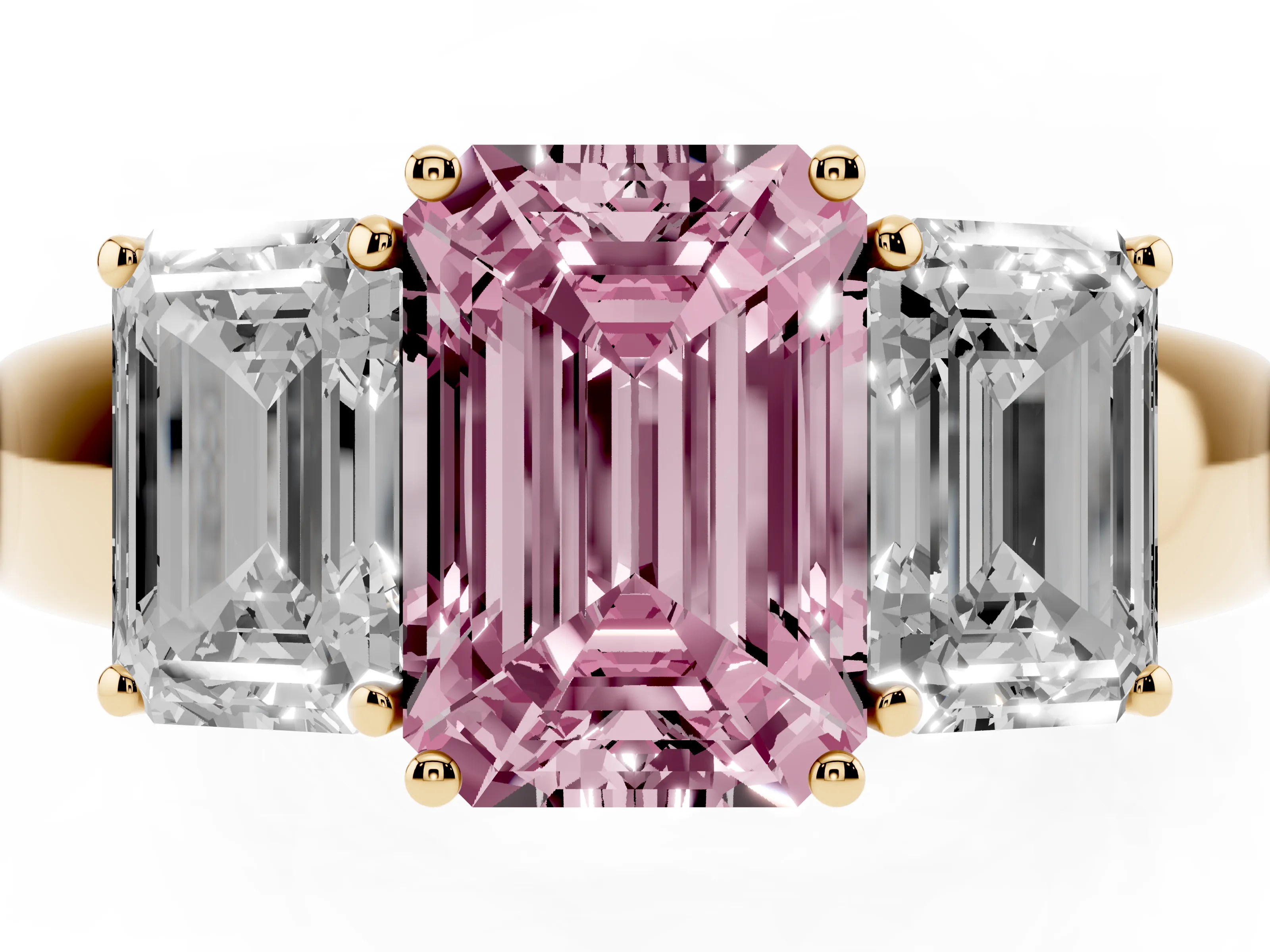 Fancy Pink Three-Stone Emerald Cut Diamond Ring Set in Yellow gold with Matching Prong Settings and Plain Band