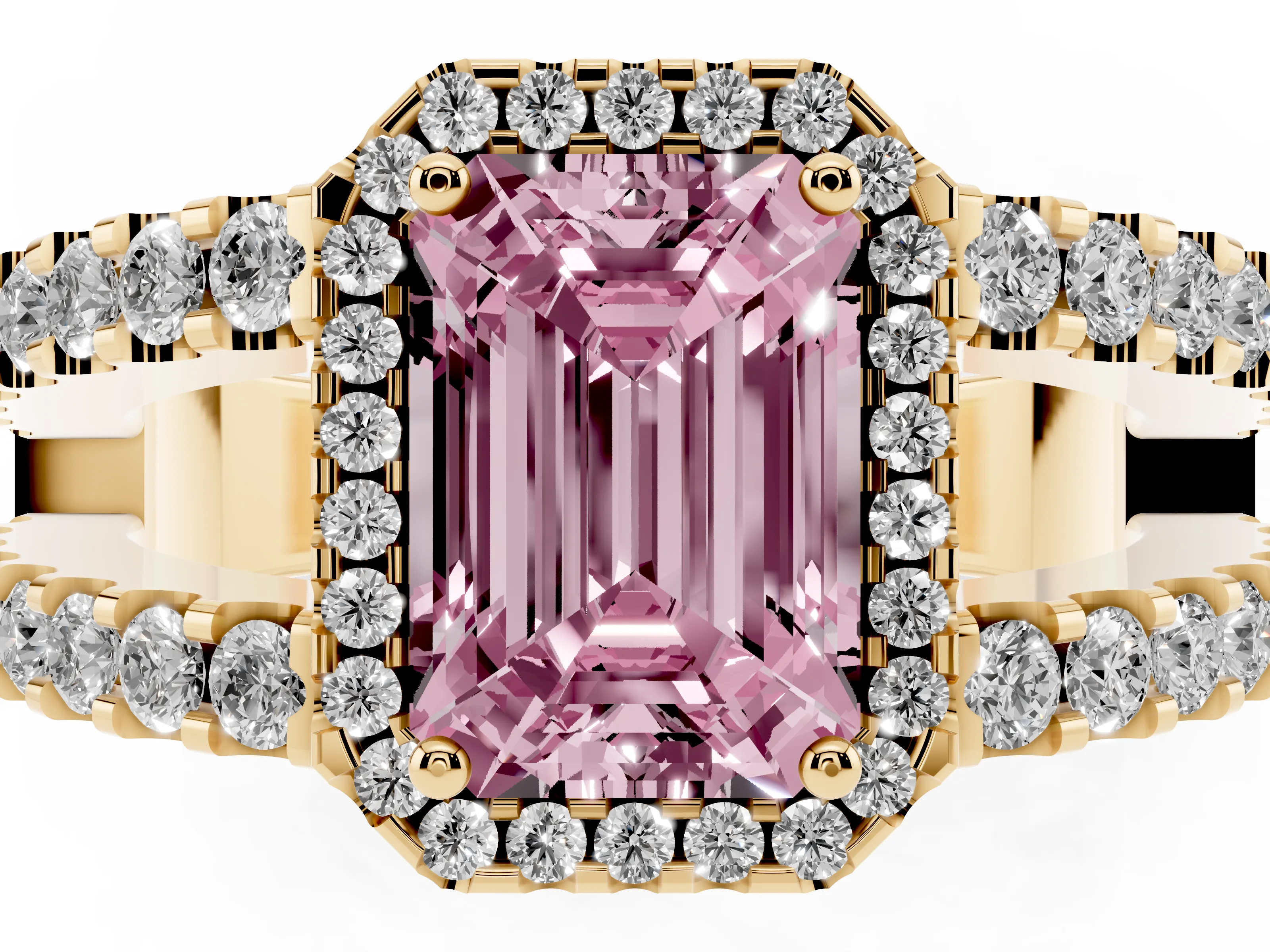 Fancy Pink Emerald Cut Diamond Halo Ring Set in Yellow gold with Pavé Split Shank and Prong Setting
