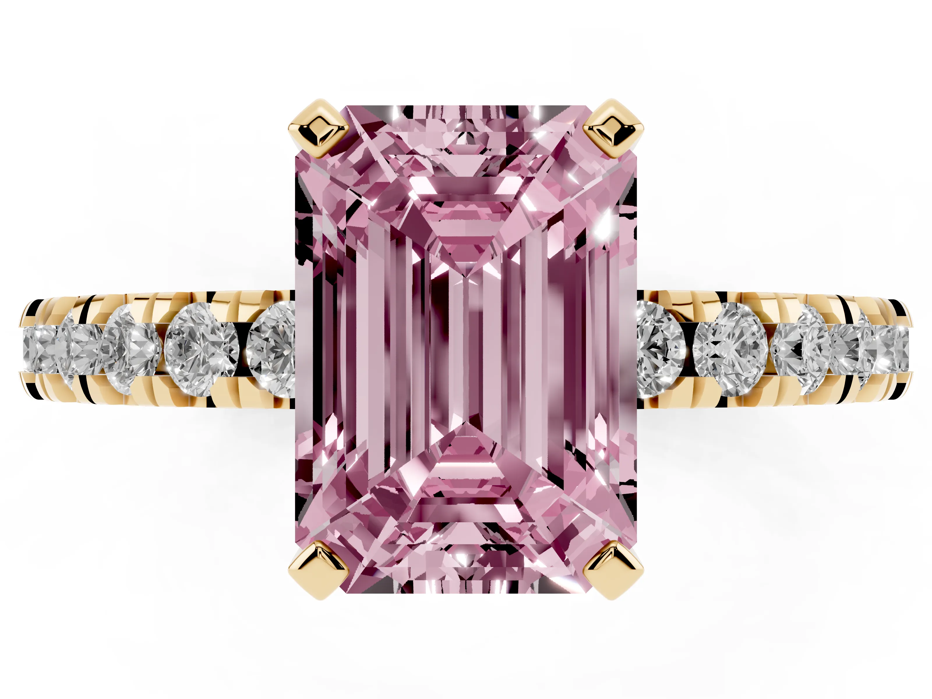 Fancy Pink Emerald Cut Diamond Pavé Band Solitaire Set in Yellow gold with Prong Setting