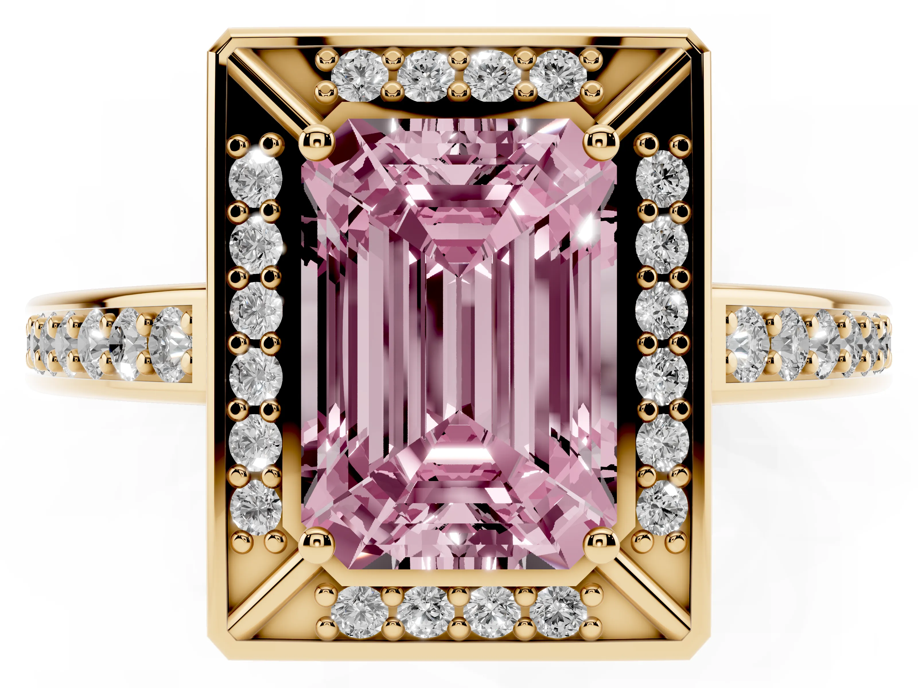 Fancy Pink Emerald Cut Diamond Halo Pavé Split Shank Ring Set in Yellow gold with Prong Setting