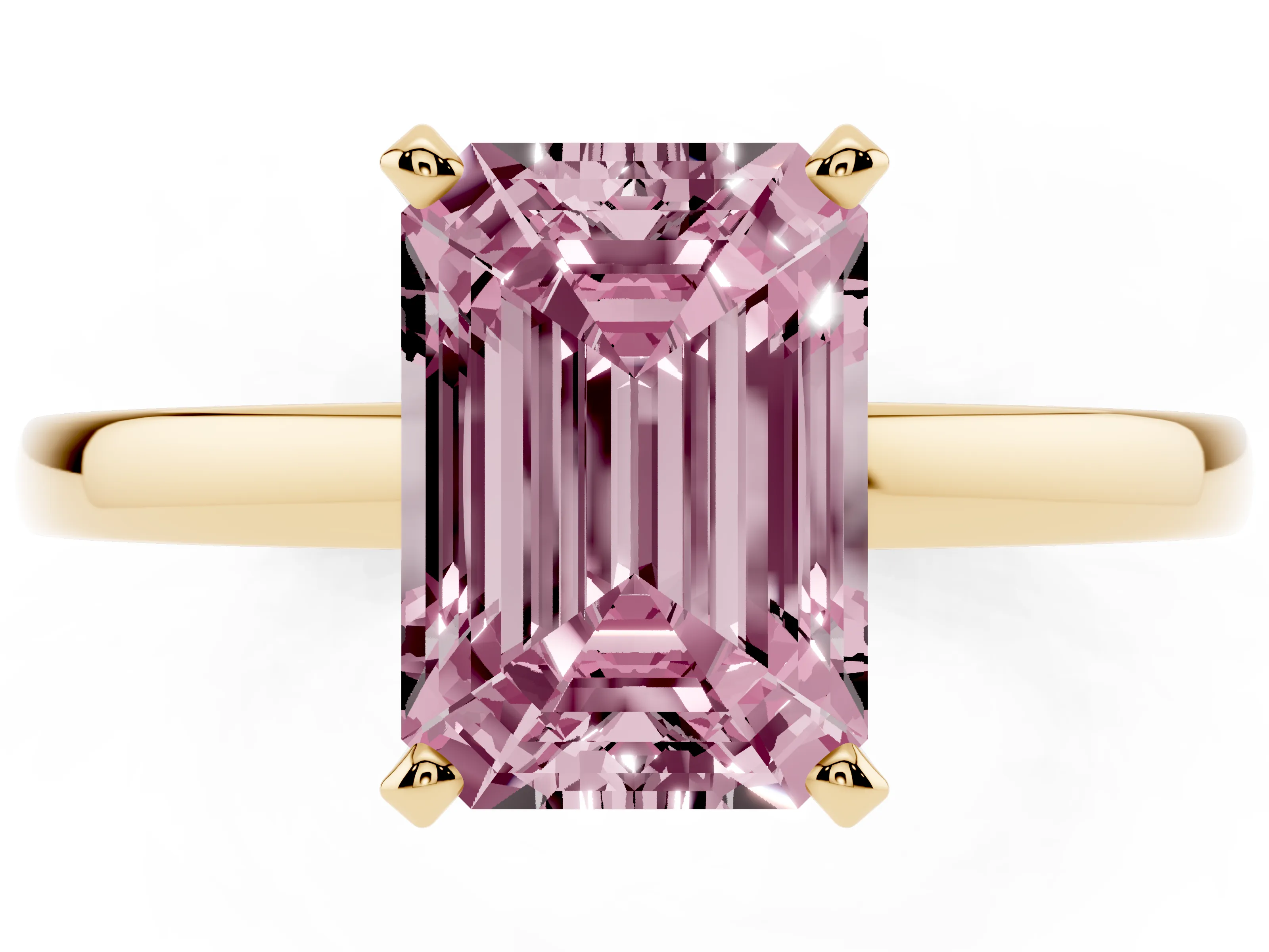 Fancy Pink Emerald Cut Diamond Solitaire Engagement Ring Set in Yellow gold with Prong Setting on a Classic Band