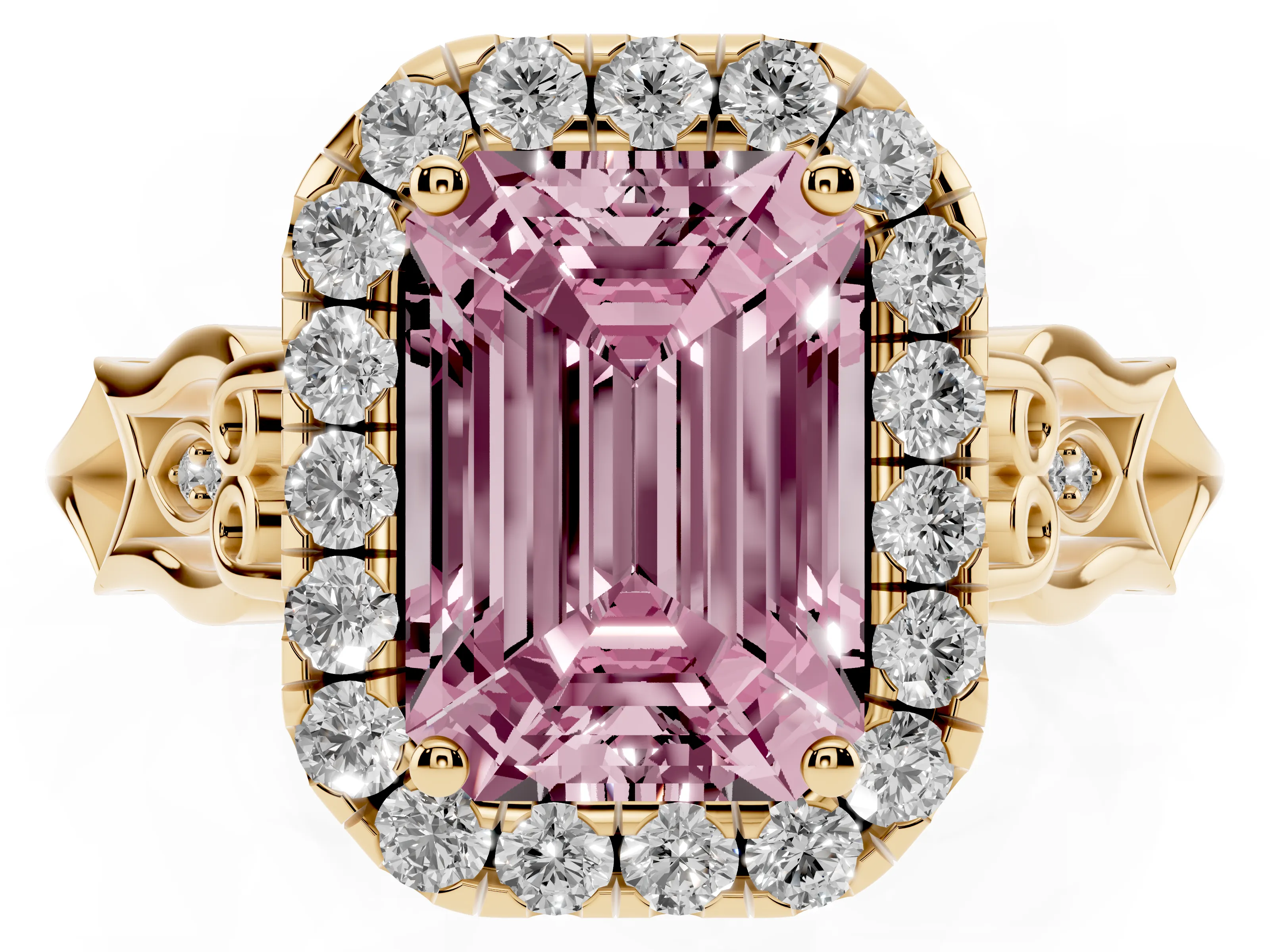 Fancy Pink Emerald Cut Diamond Halo Engagement Ring Set in Yellow gold with Filigree Band and Prong-Set Center