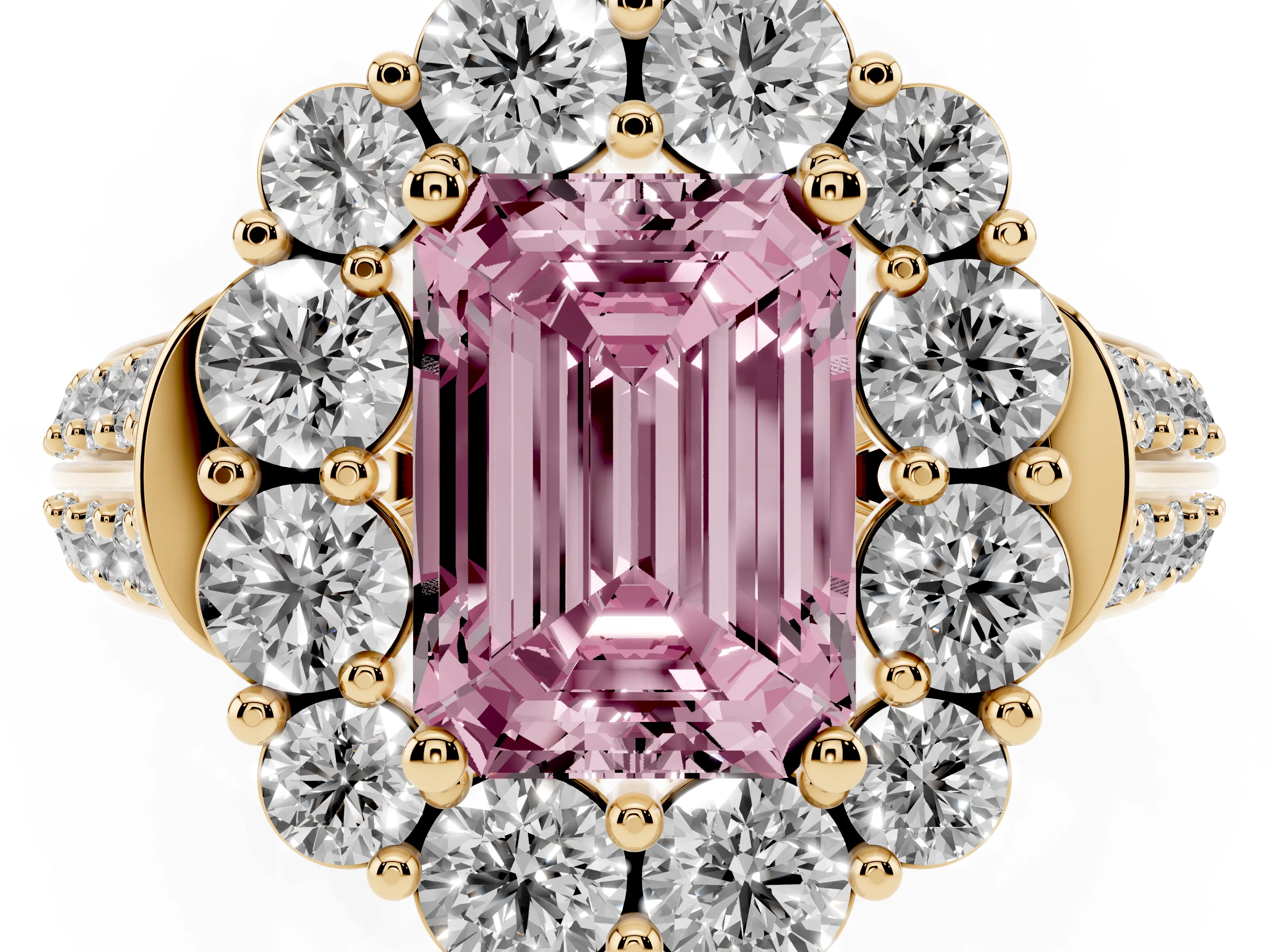 Fancy Pink Emerald Cut Diamond Halo Engagement Ring Set in Yellow gold with Split Shank and Prong Setting
