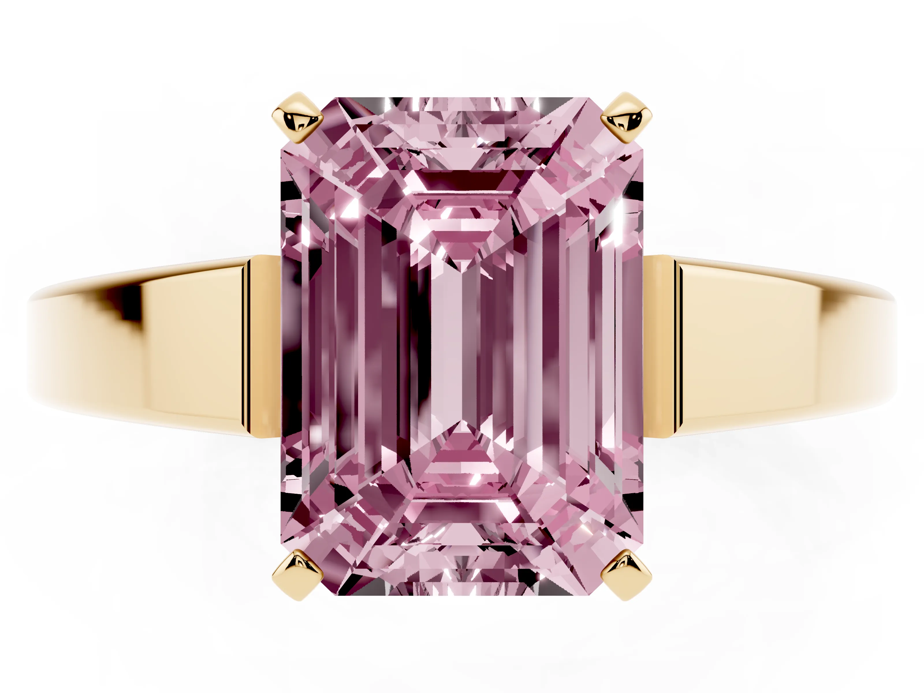 Fancy Pink Emerald Cut Diamond Solitaire Engagement Ring Set in Yellow gold with Prong Setting and Tapered Band