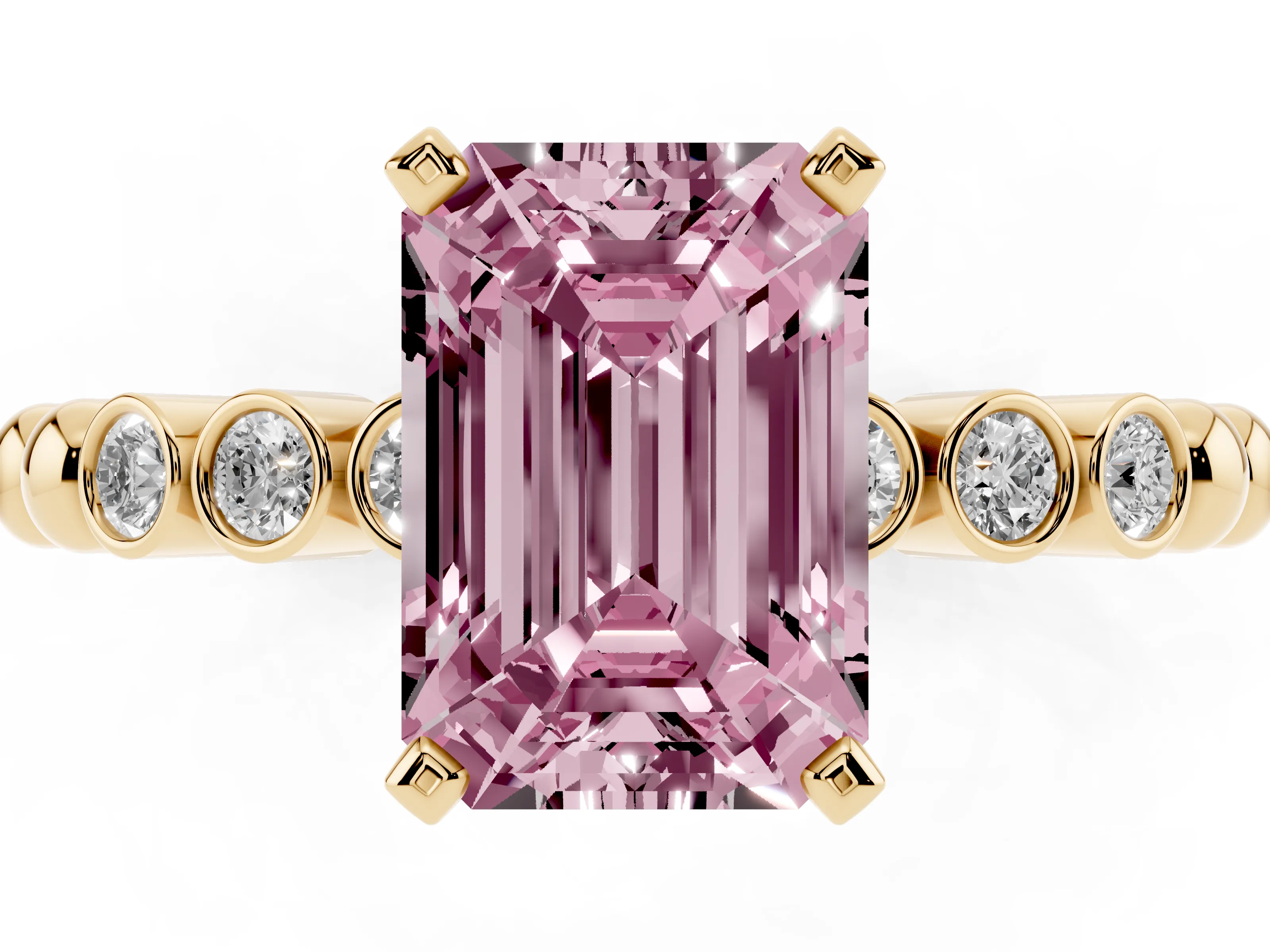 Fancy Pink Emerald Cut Diamond Solitaire Engagement Ring Set in Yellow gold with Bezel Accents on Beaded Band