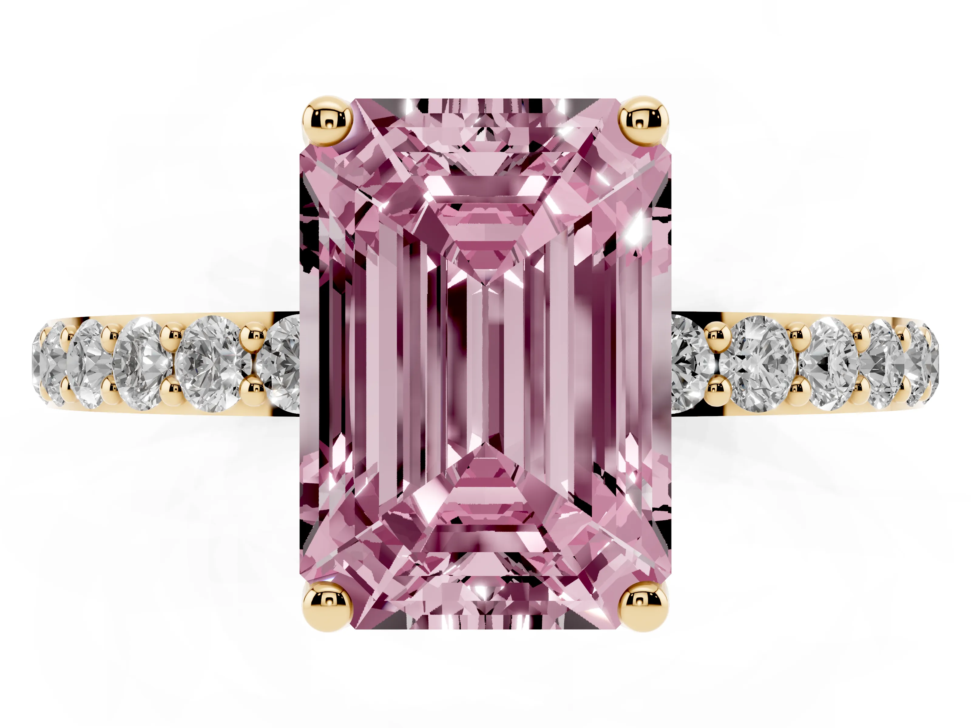 Fancy Pink Emerald Cut Diamond Solitaire Engagement Ring Set in Yellow gold with Round Pavé Band and Prong Setting