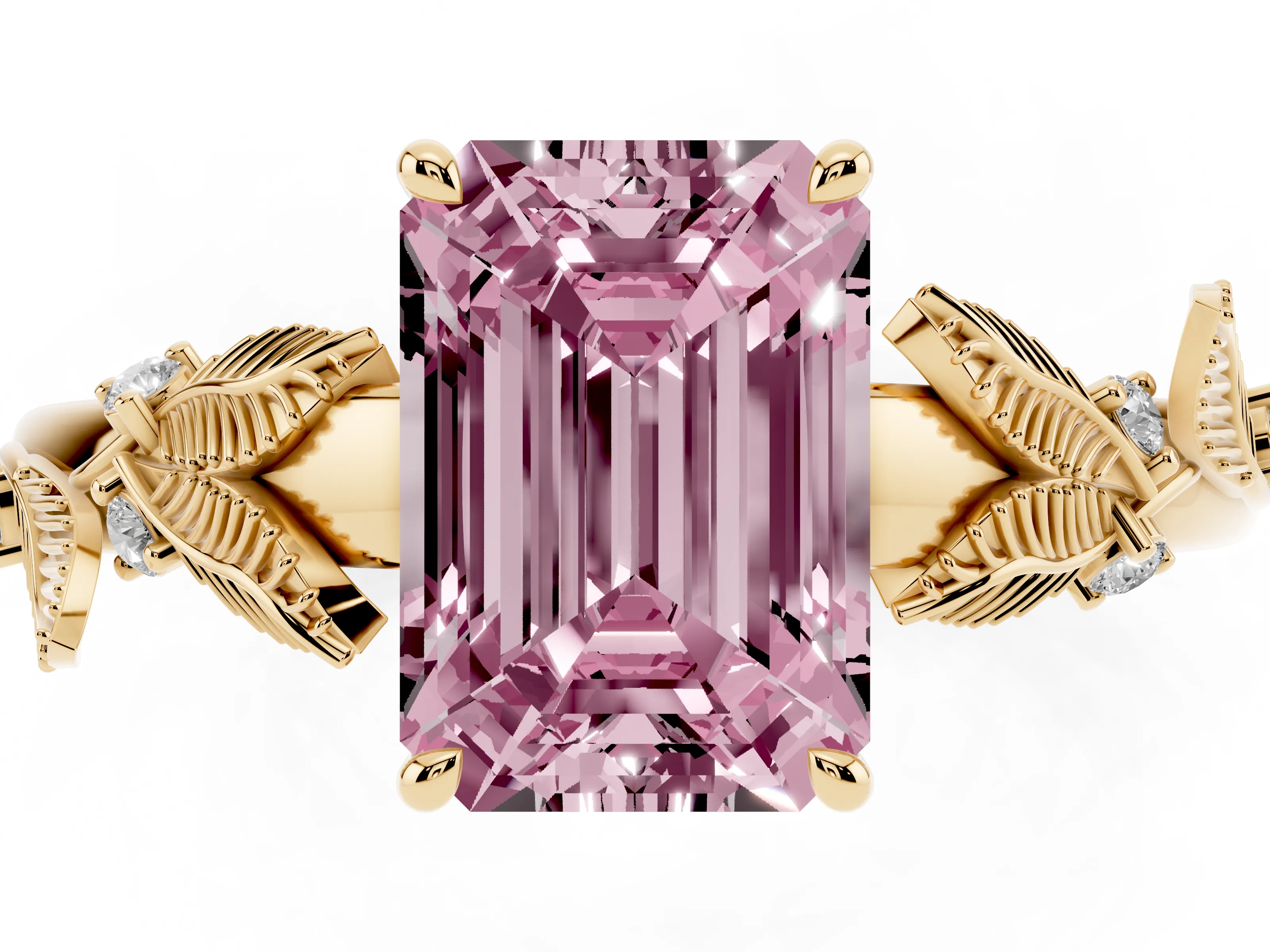 Fancy Pink Emerald Cut Diamond Solitaire Ring Set in Yellow gold with Leaf Motif Band