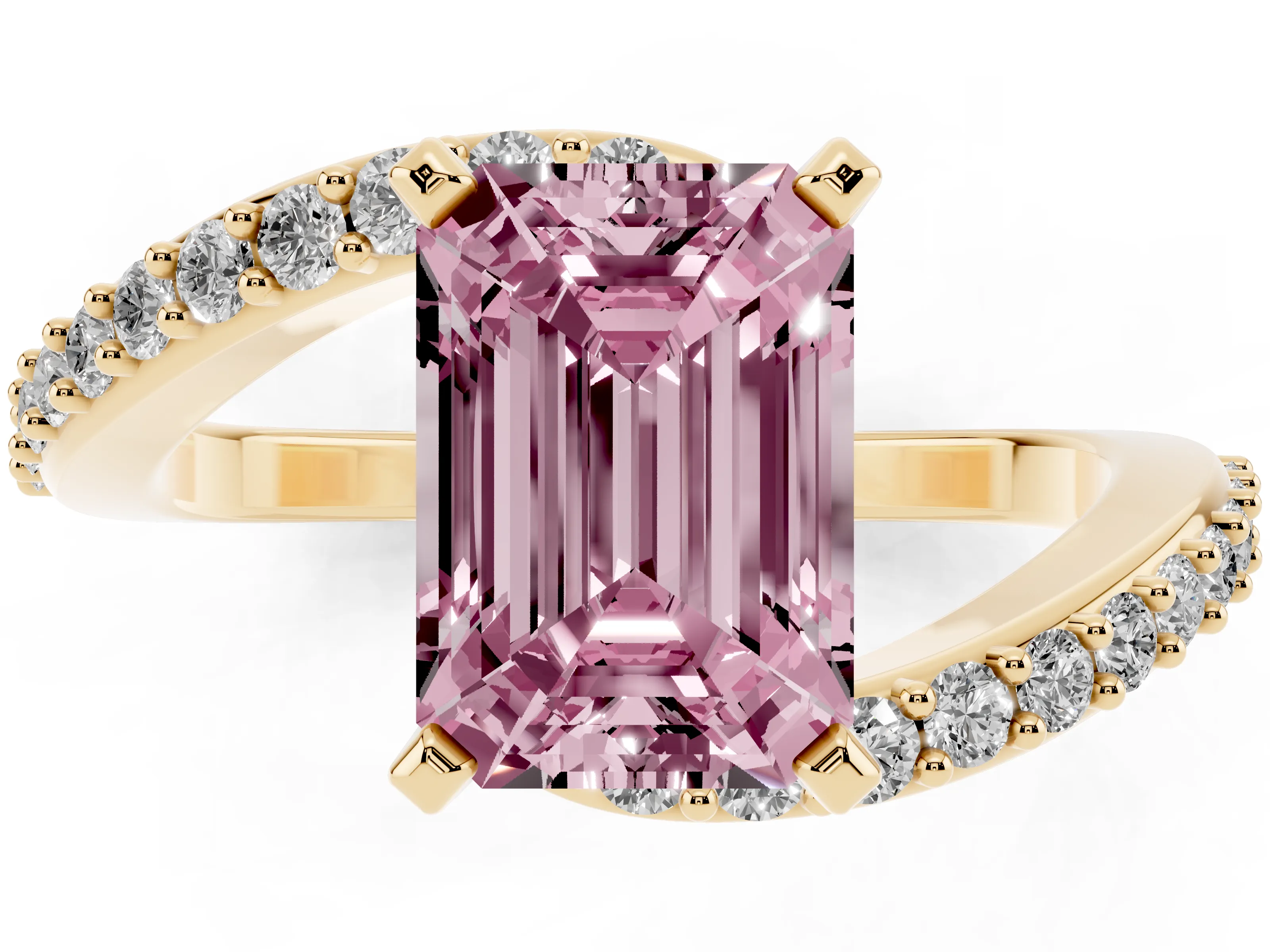 Fancy Pink Emerald Cut Diamond Solitaire Ring Set in Yellow gold with Pavé Twist Band and Prong Setting