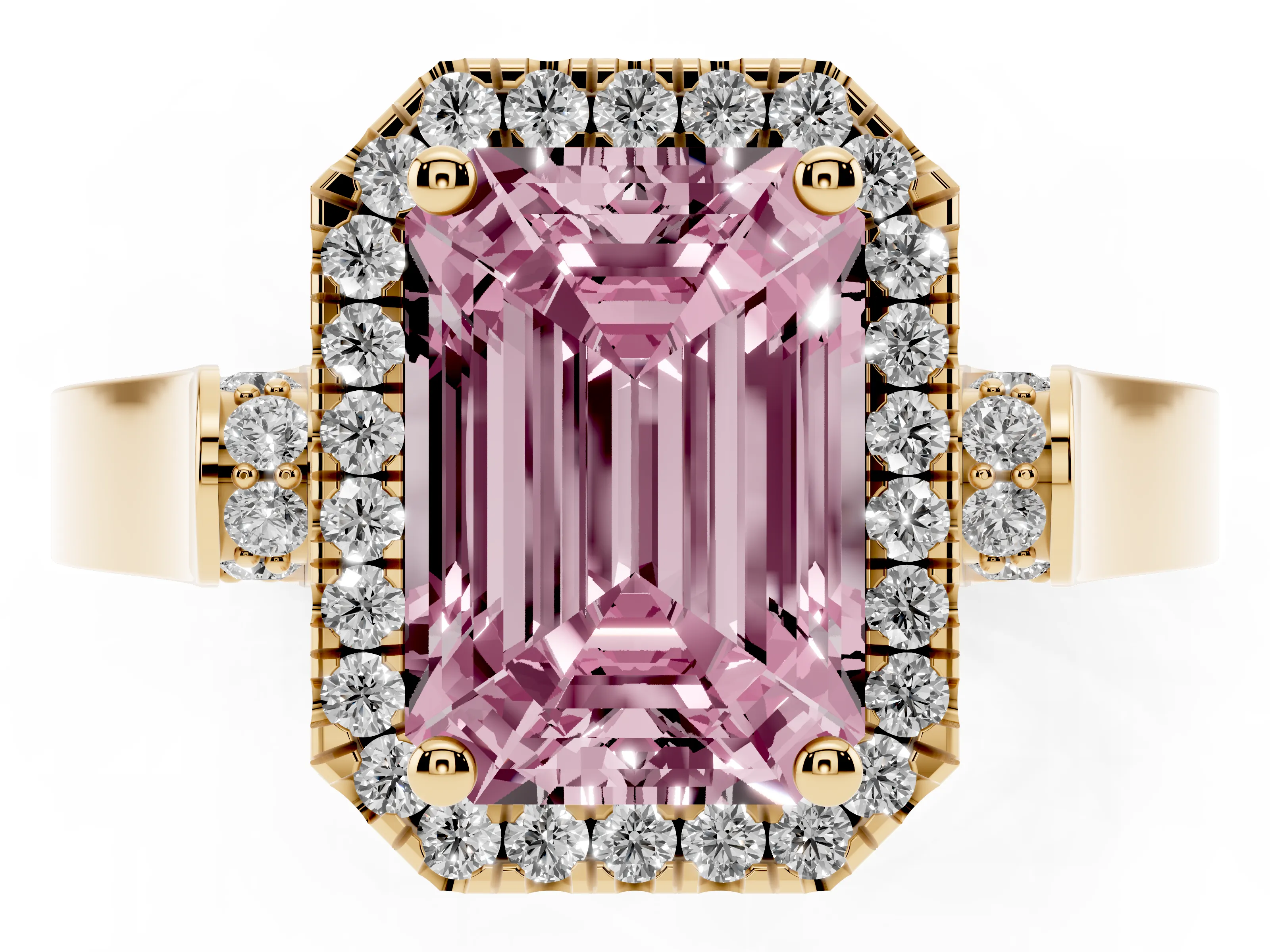 Fancy Pink Emerald Cut Diamond Halo Ring Set in Yellow gold with Pavé-Lined Split Shank Band