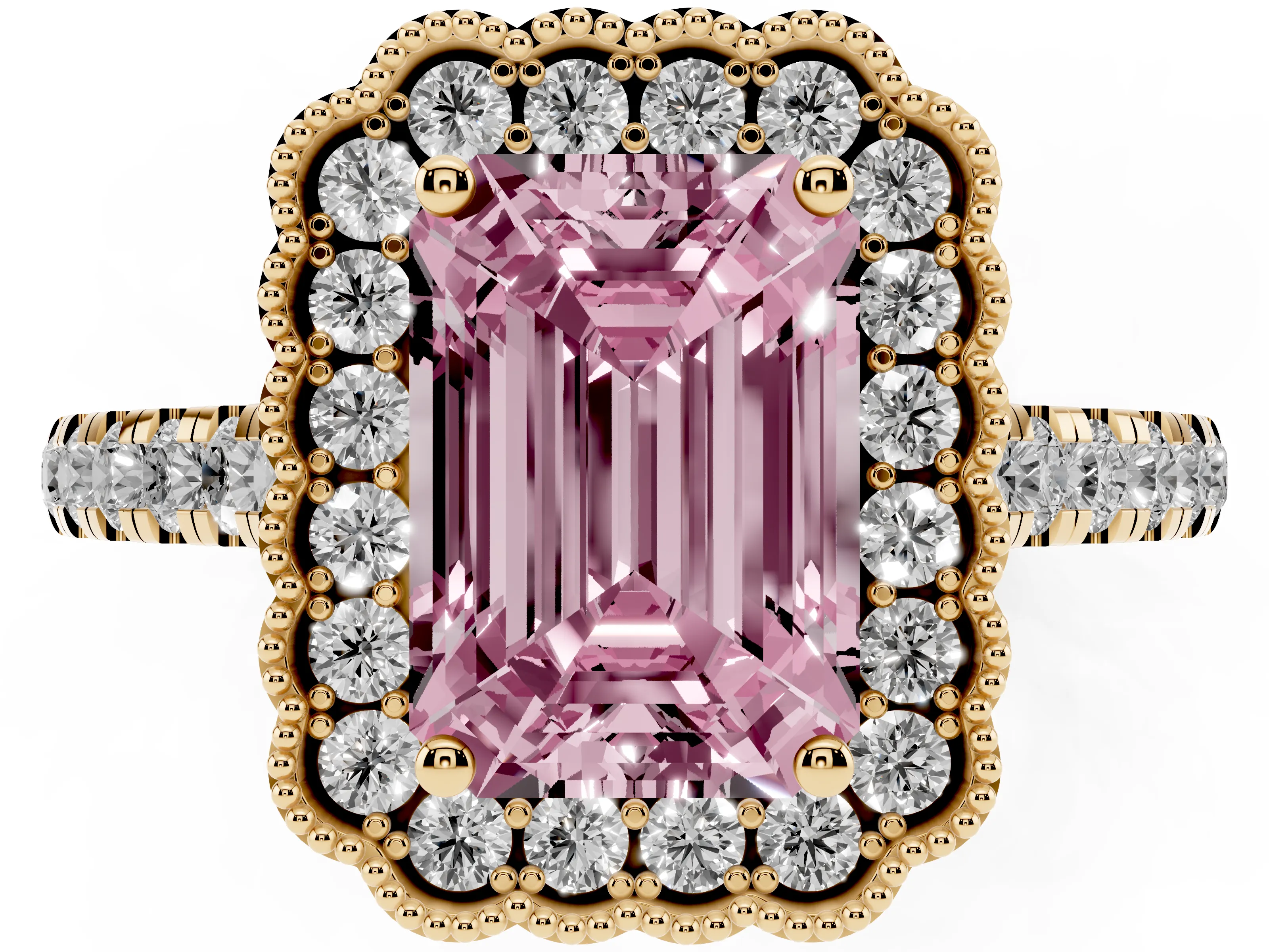 Fancy Pink Emerald Cut Diamond Milgrain Floral Halo Engagement Ring Set in Yellow gold with Pavé Band