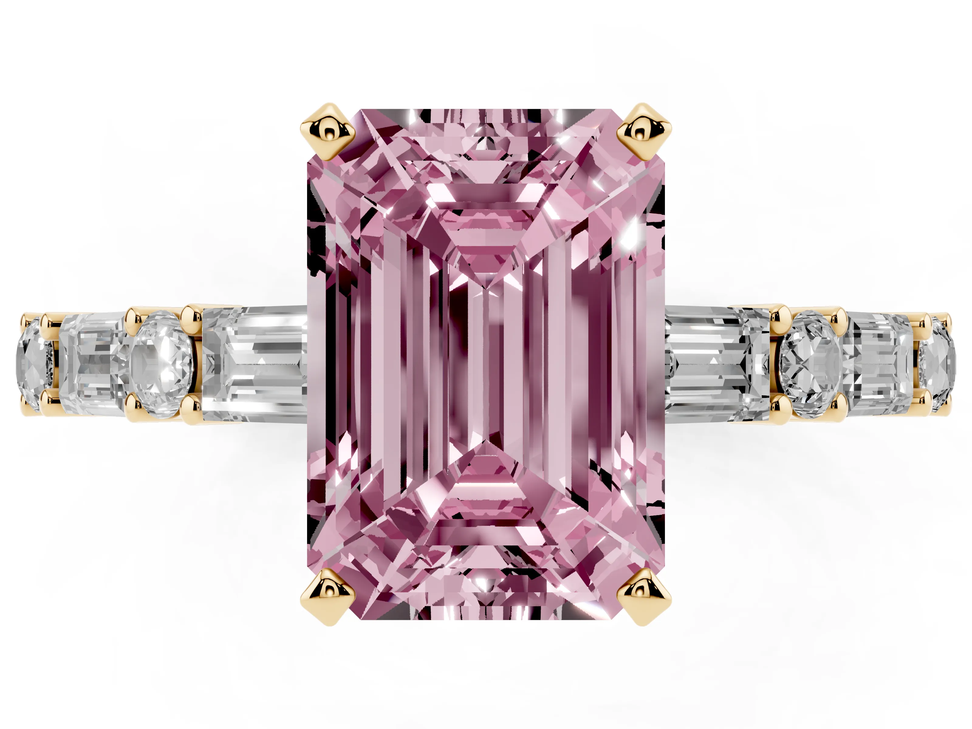 Fancy Pink Emerald Cut Diamond Solitaire Set in Yellow gold with Side Baguettes and Channel Set Band