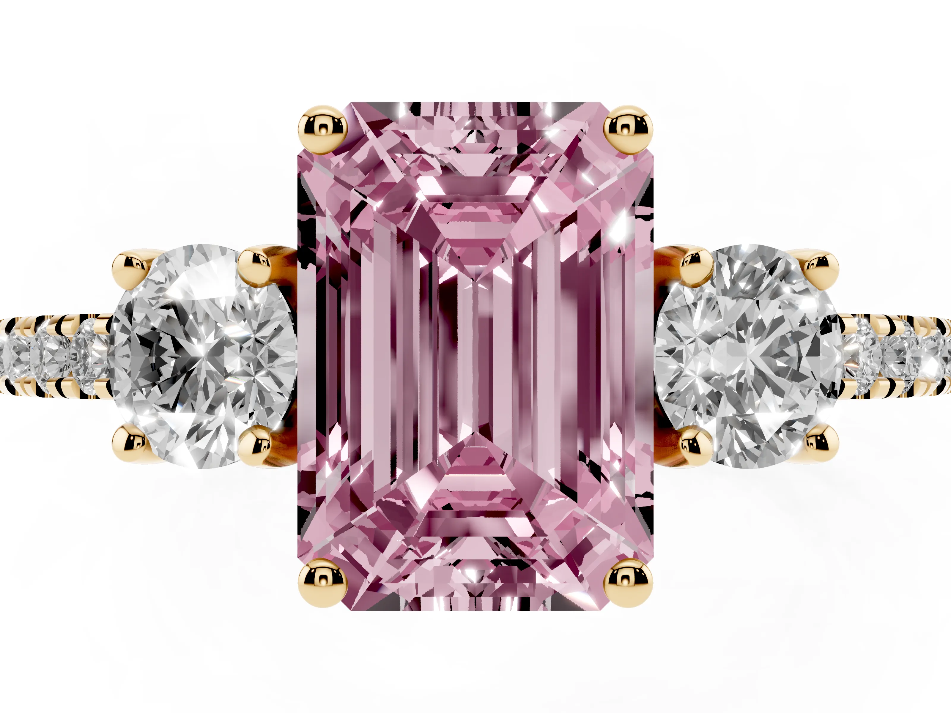 Fancy Pink Emerald Cut Diamond Three-Stone Ring Set in Yellow gold with Pavé Band and Graduated Sides
