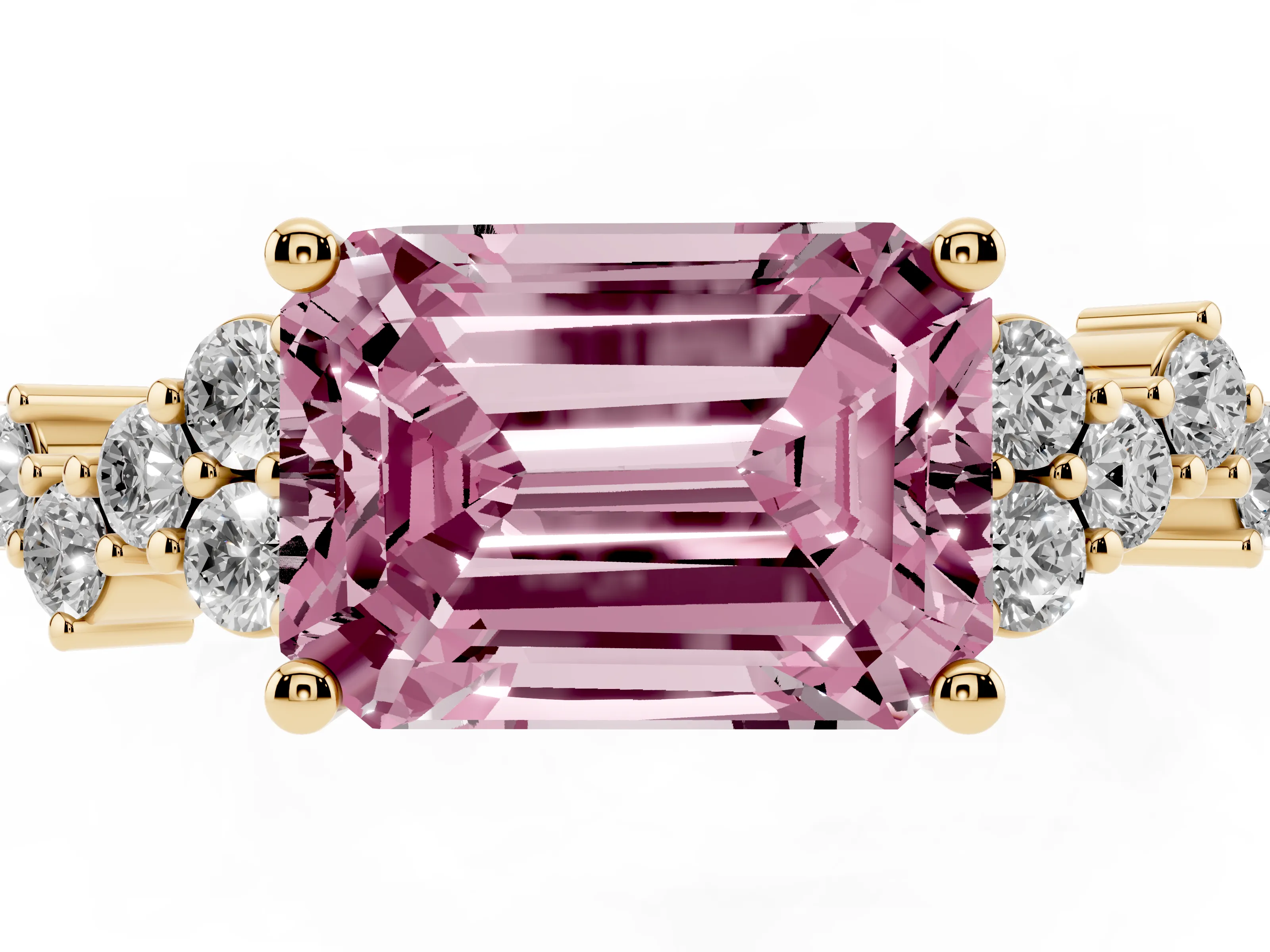 Fancy Pink Emerald Cut Diamond Ring Set in Yellow gold with Scattered Round Accents