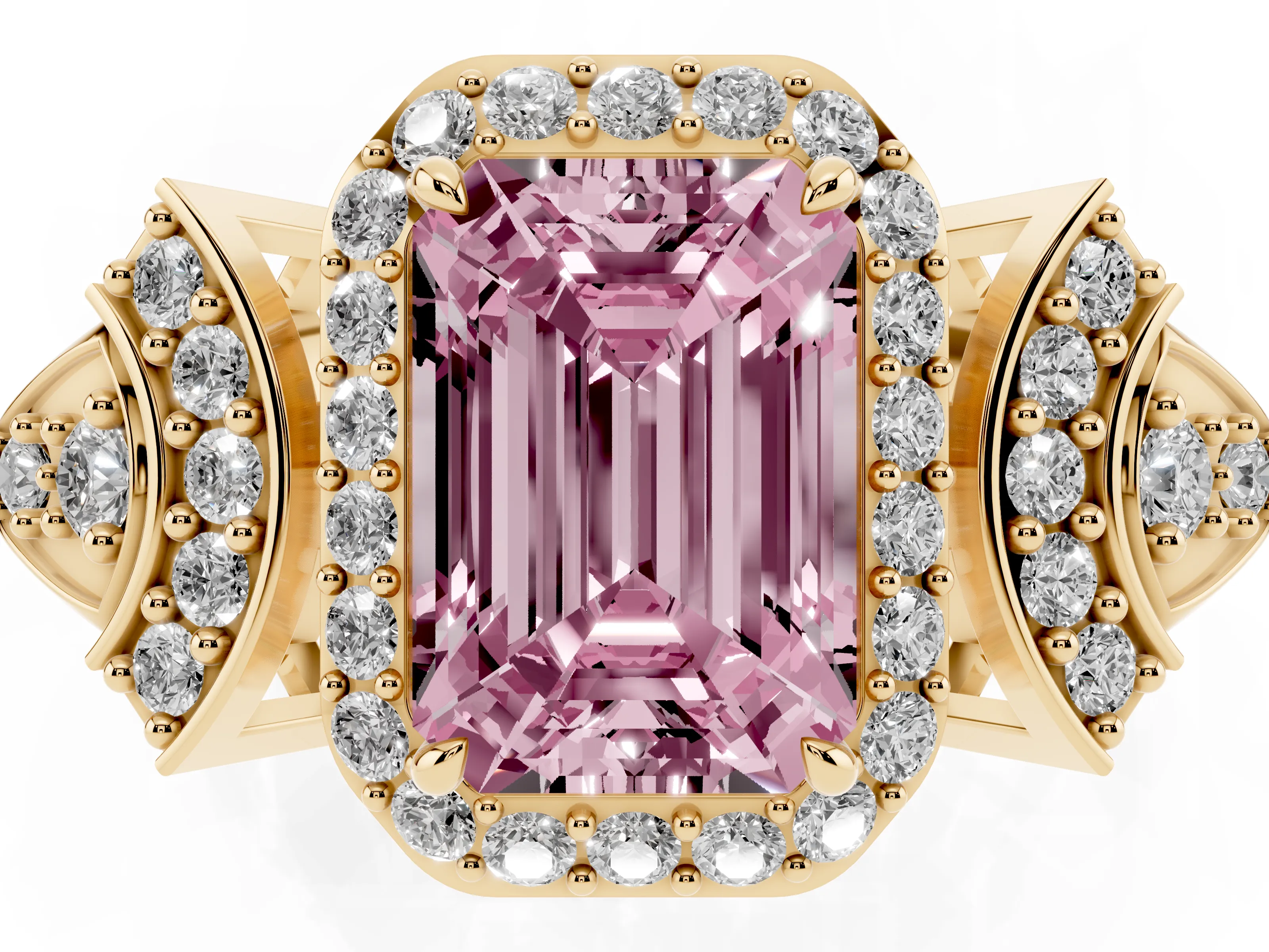 Fancy Pink Emerald Cut Diamond Halo Engagement Ring Set in Yellow gold with Accent Stone Split Shank
