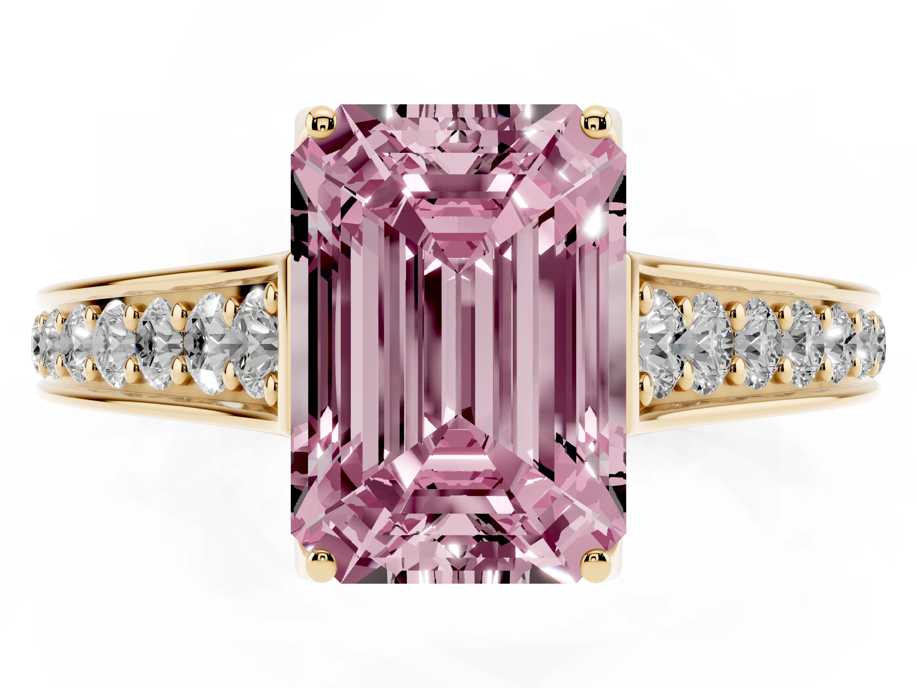Fancy Pink Emerald Cut Diamond Solitaire Pavé Engagement Ring Set in Yellow gold with Prong Setting