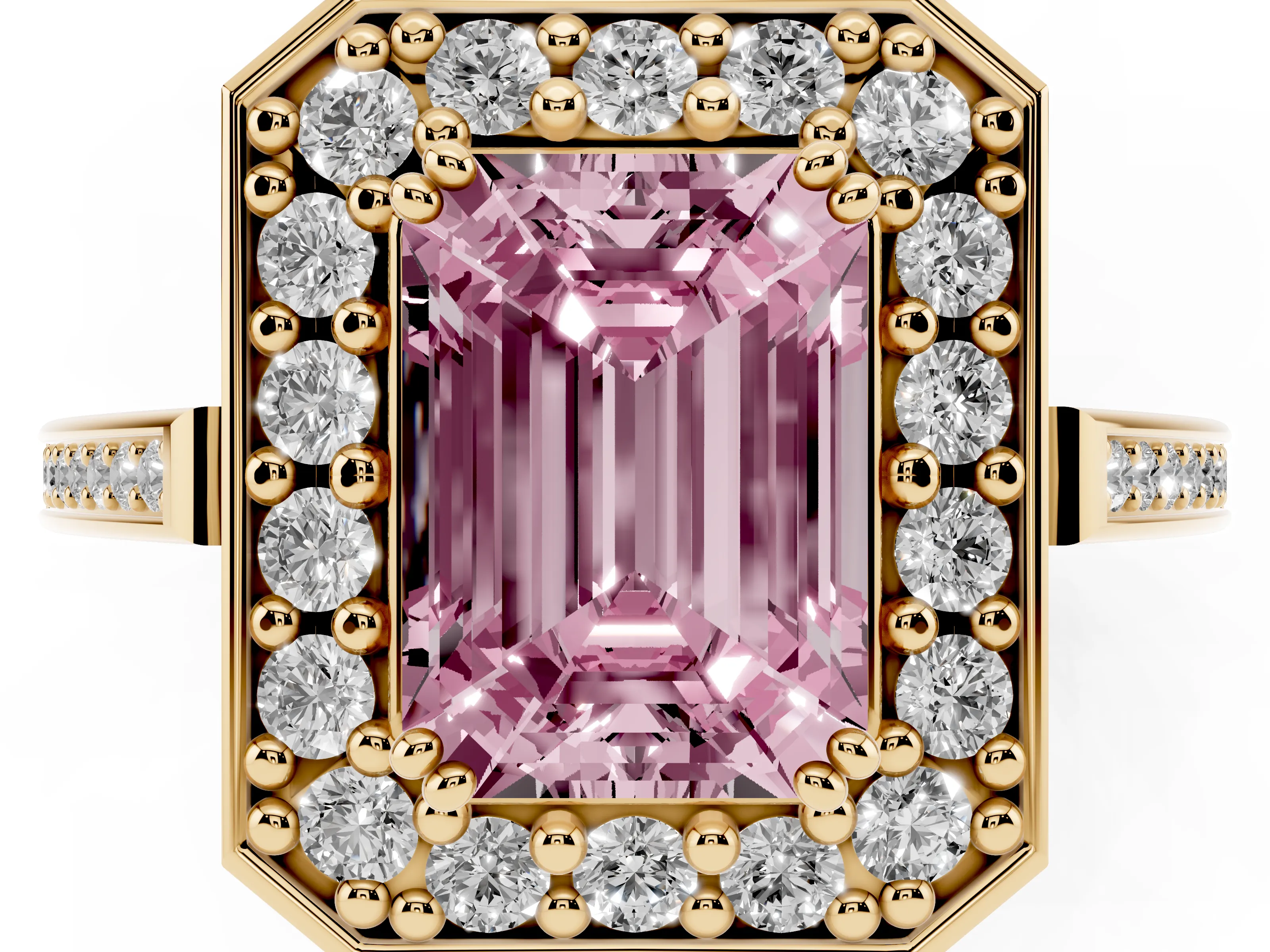 Fancy Pink Emerald Cut Diamond Halo Ring Set in Yellow gold with Accent-Lined Split Shank and Prong Setting