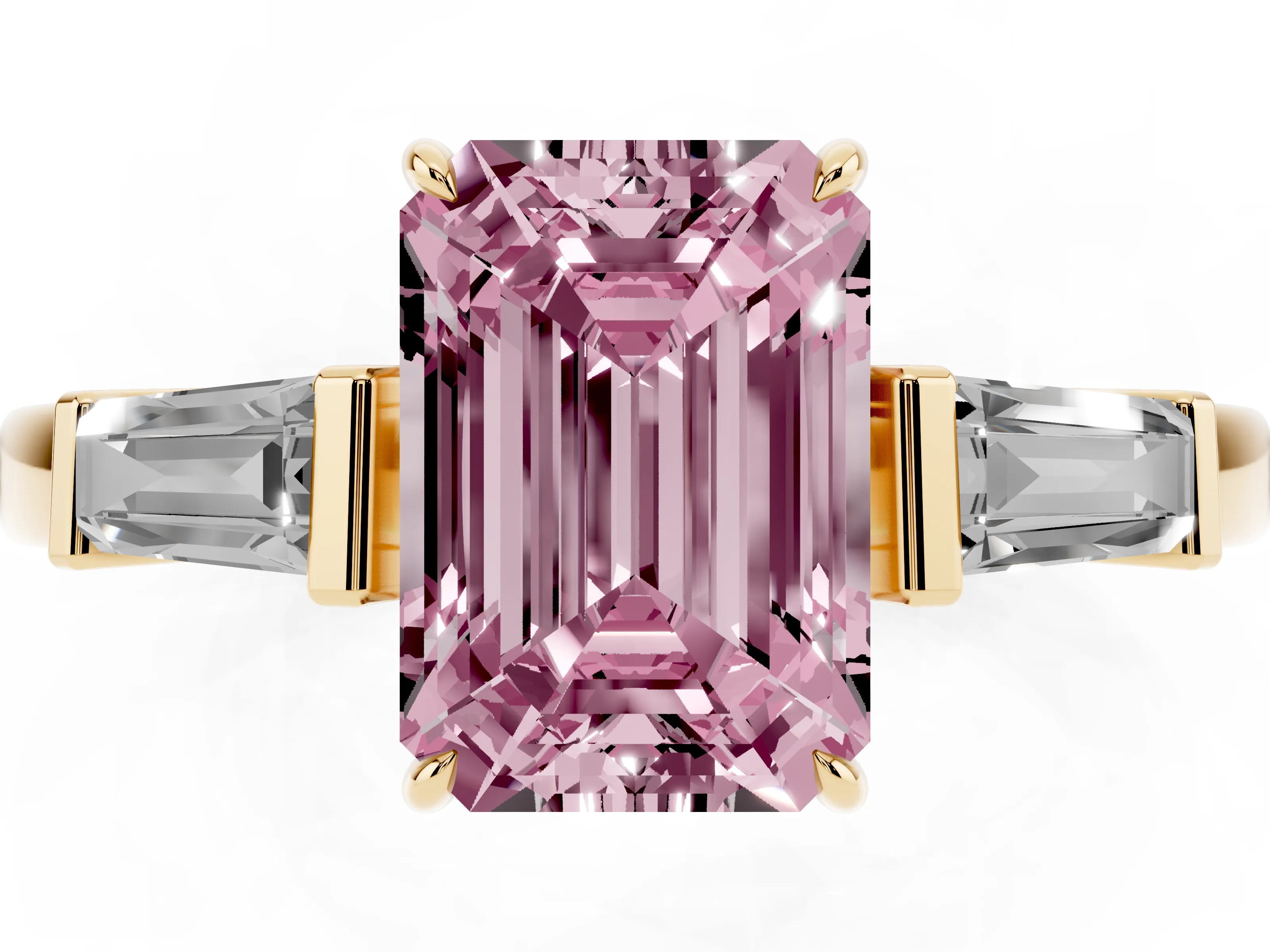 Fancy Pink Emerald Cut Diamond Three-Stone Ring Set in Yellow gold with Tapered Baguette Side Stones and Prong Setting