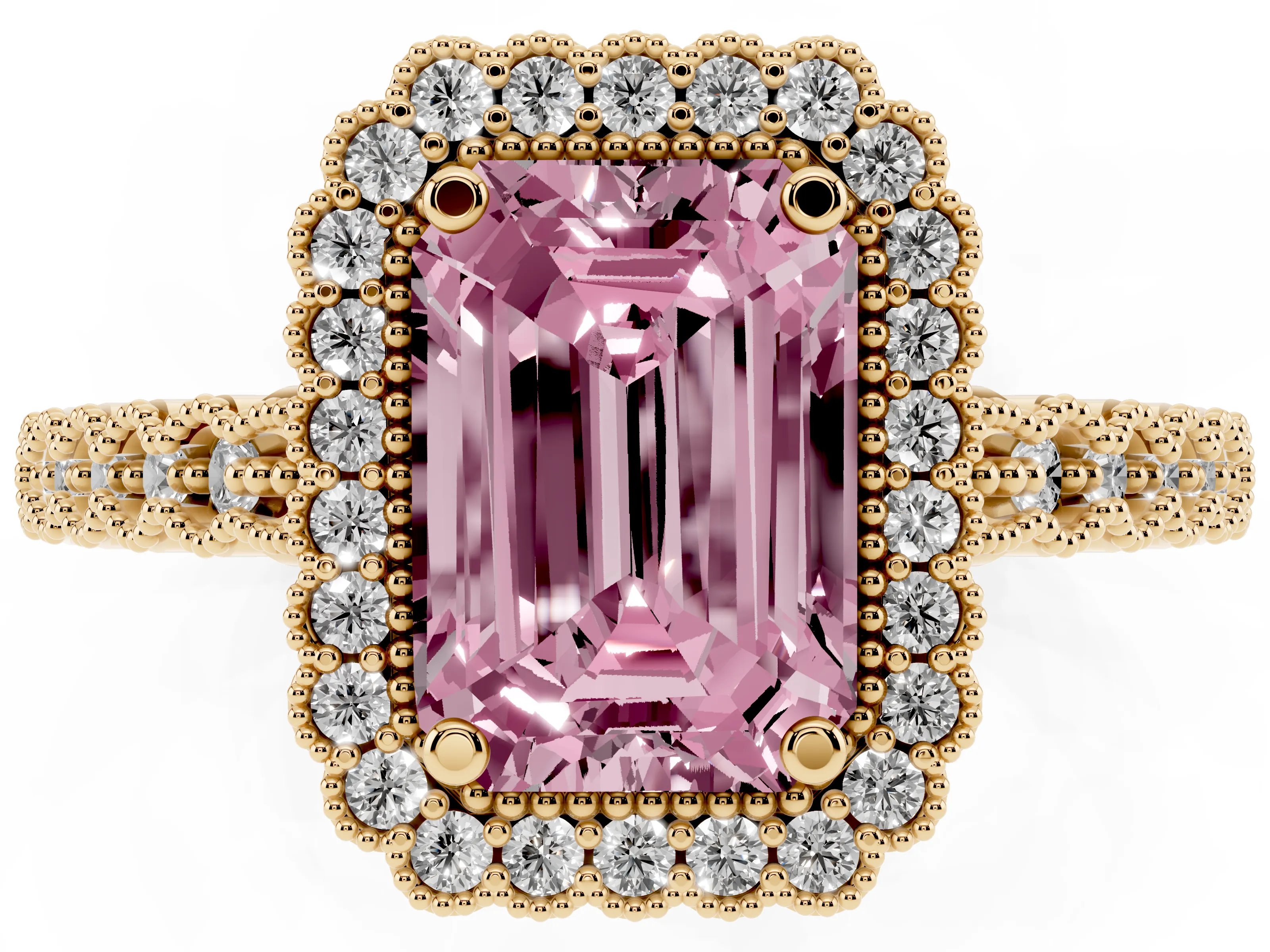Fancy Pink Emerald Cut Diamond Halo Ring Set in Yellow gold with Pavé Milgrain Band