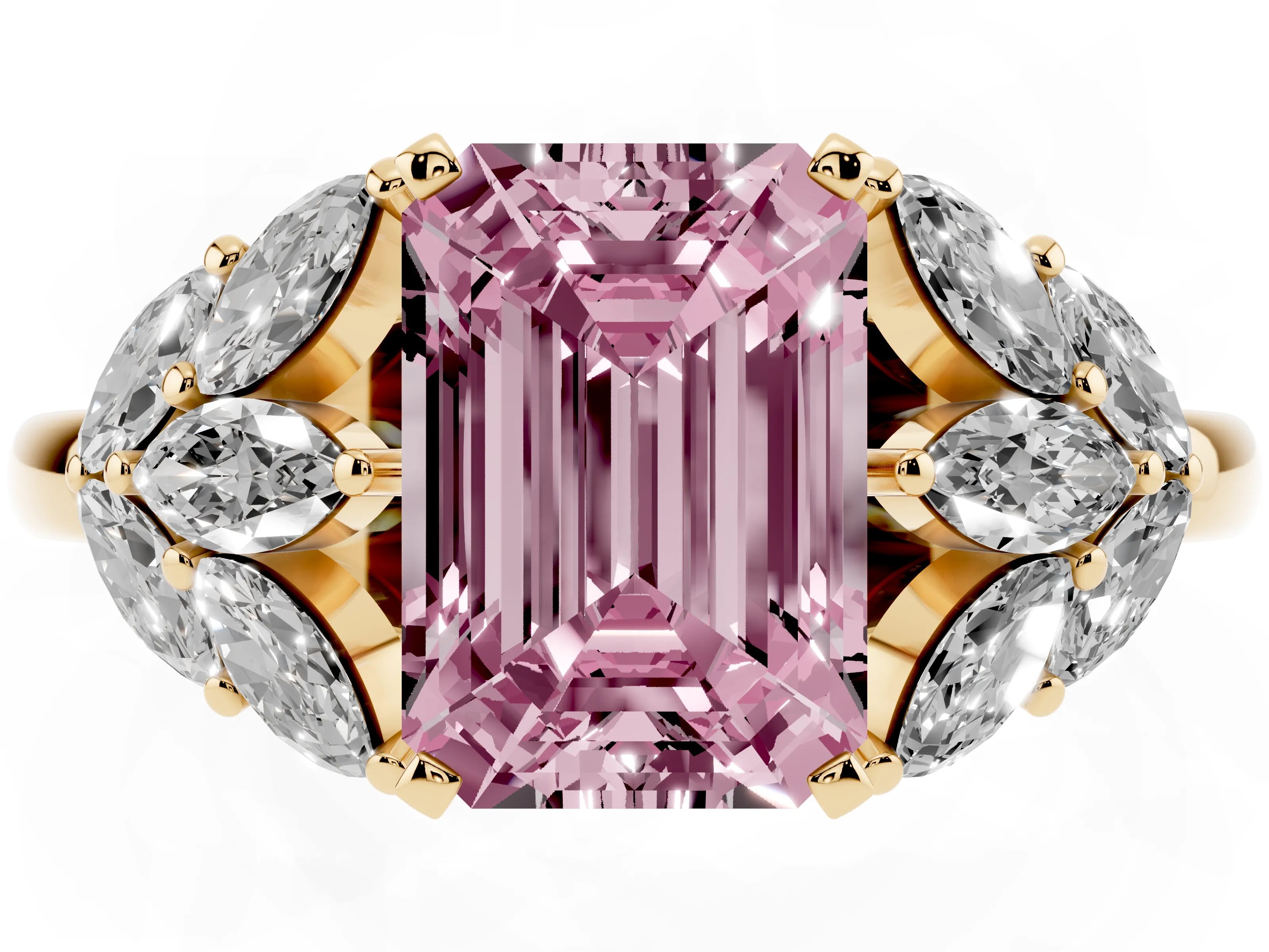 Fancy Pink Emerald Cut Diamond Cluster Leaf Design Ring Set in Yellow gold with Prong Setting