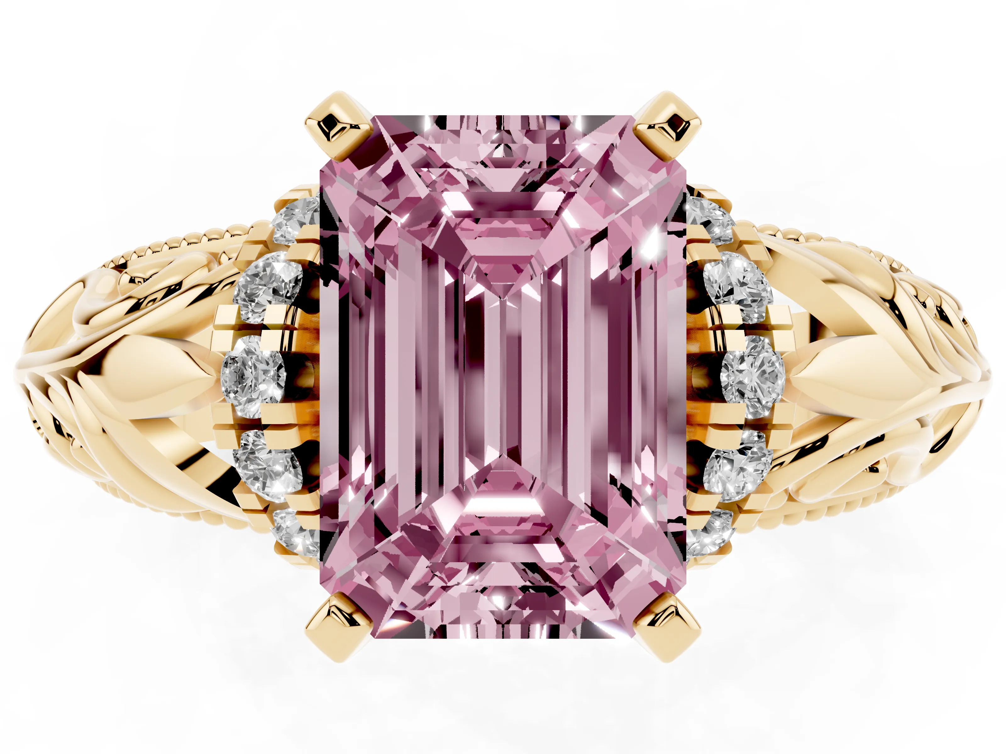 Fancy Pink Emerald Cut Diamond Filigree Halo Engagement Ring Set in Yellow gold with Prong Setting