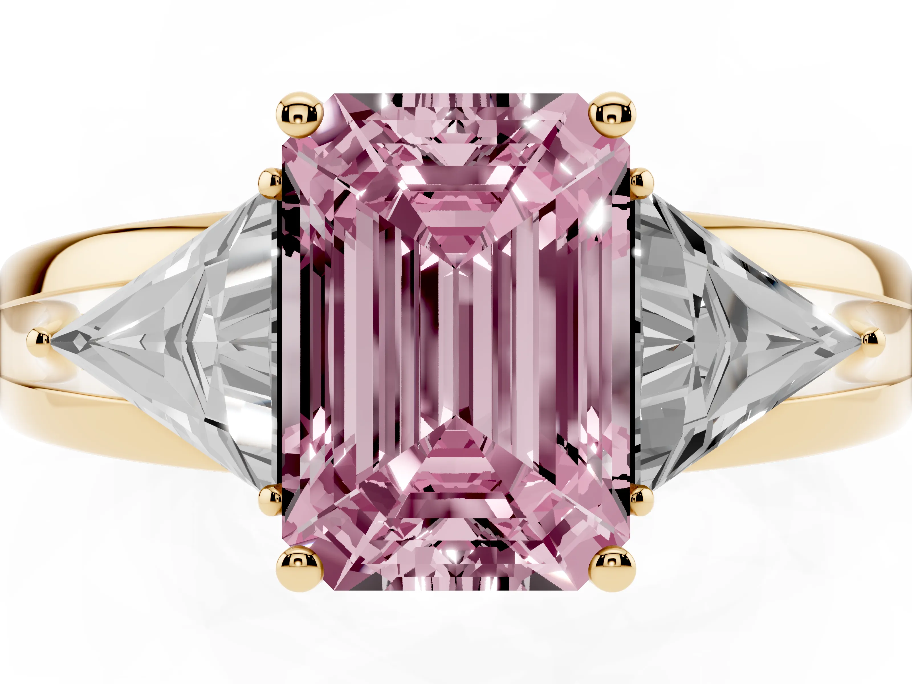 Fancy Pink Emerald Cut Diamond Three-Stone Ring Set in Yellow gold with Trillion Side Stones and Split Shank