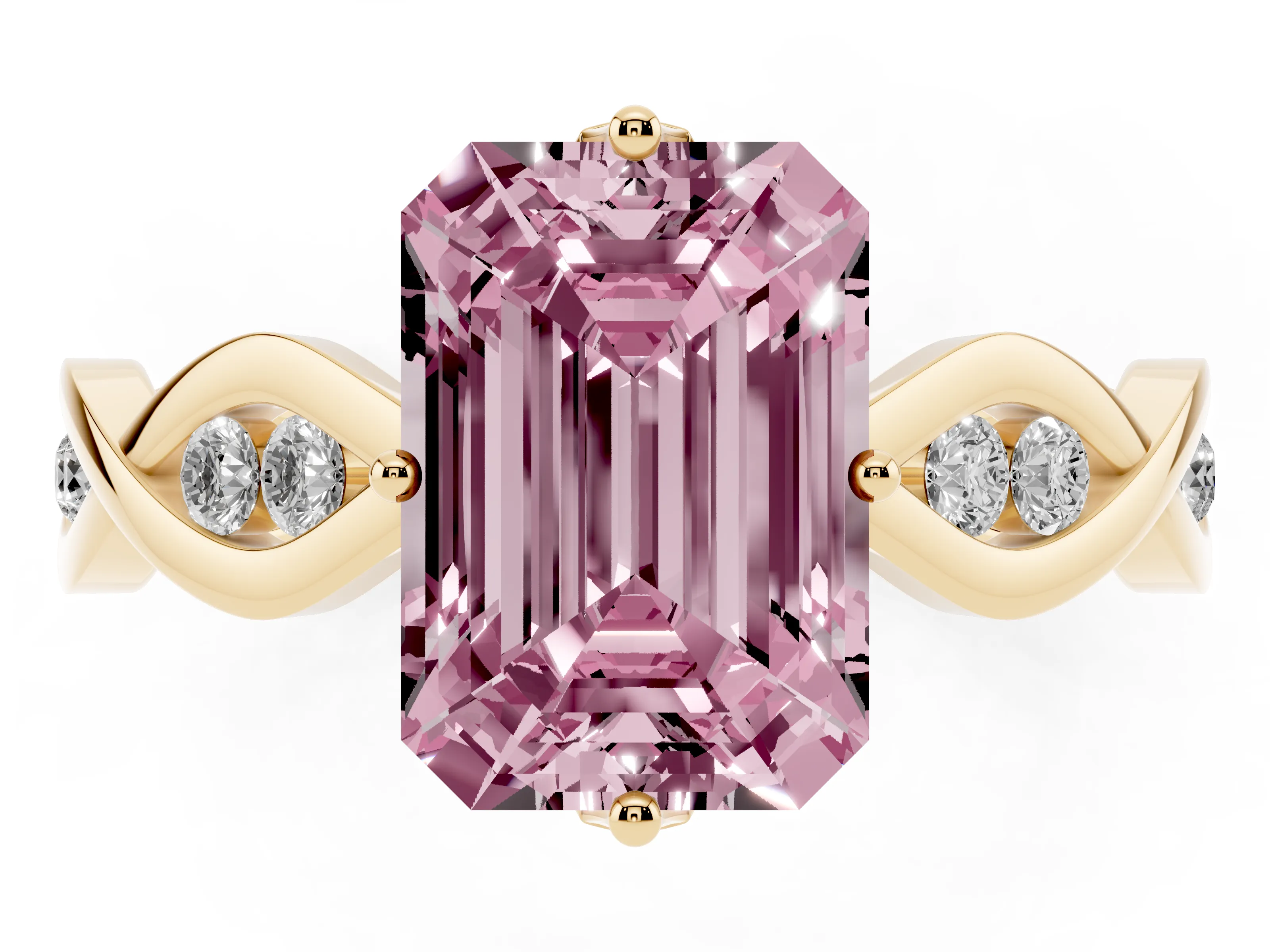 Fancy Pink Emerald Cut Diamond Twist Band Solitaire Ring Set in Yellow gold with Leaf Prong Setting and Accent Stones