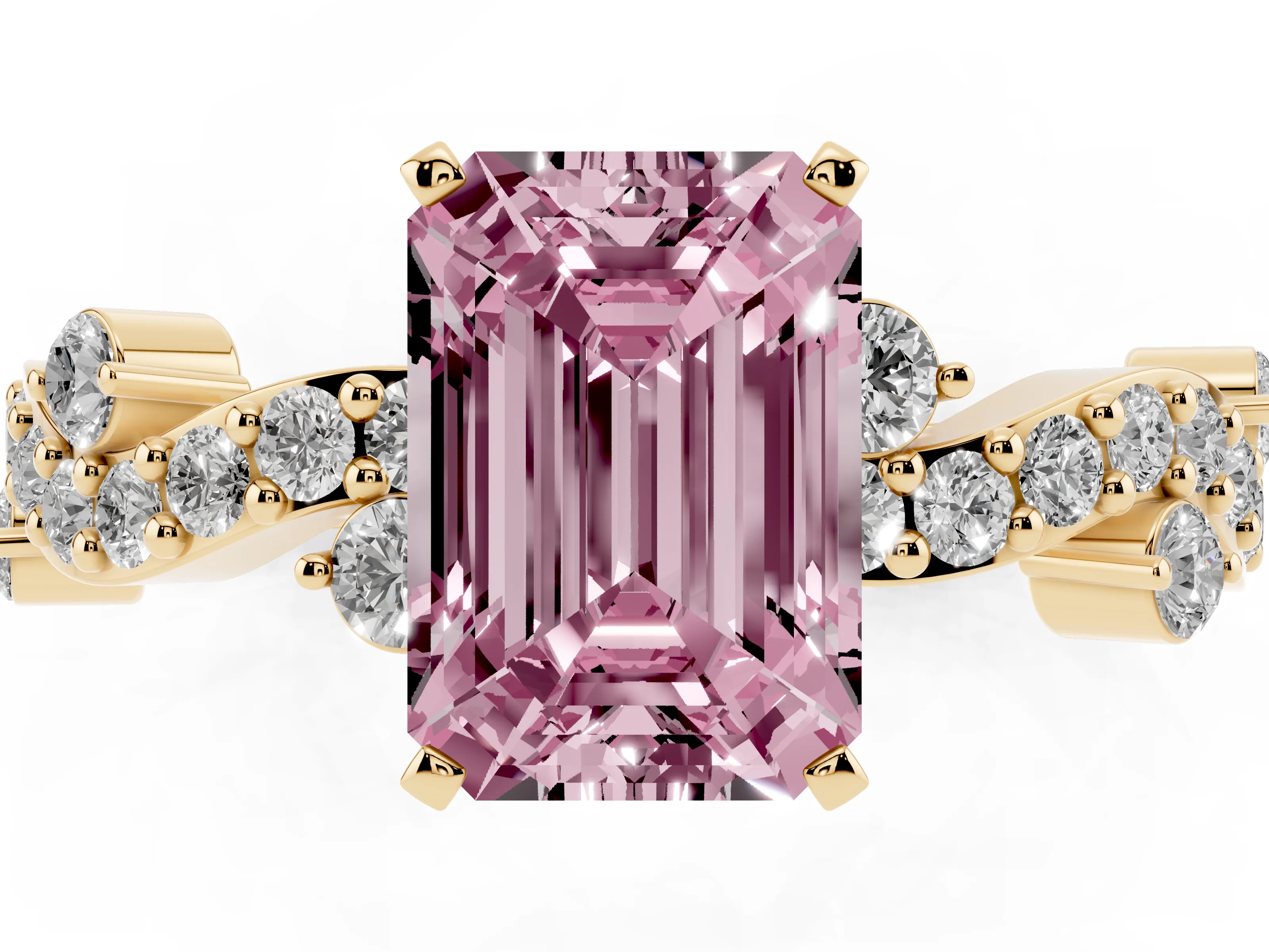 Fancy Pink Emerald Cut Diamond Solitaire Twisted Band Set in Yellow gold with Pavé Setting