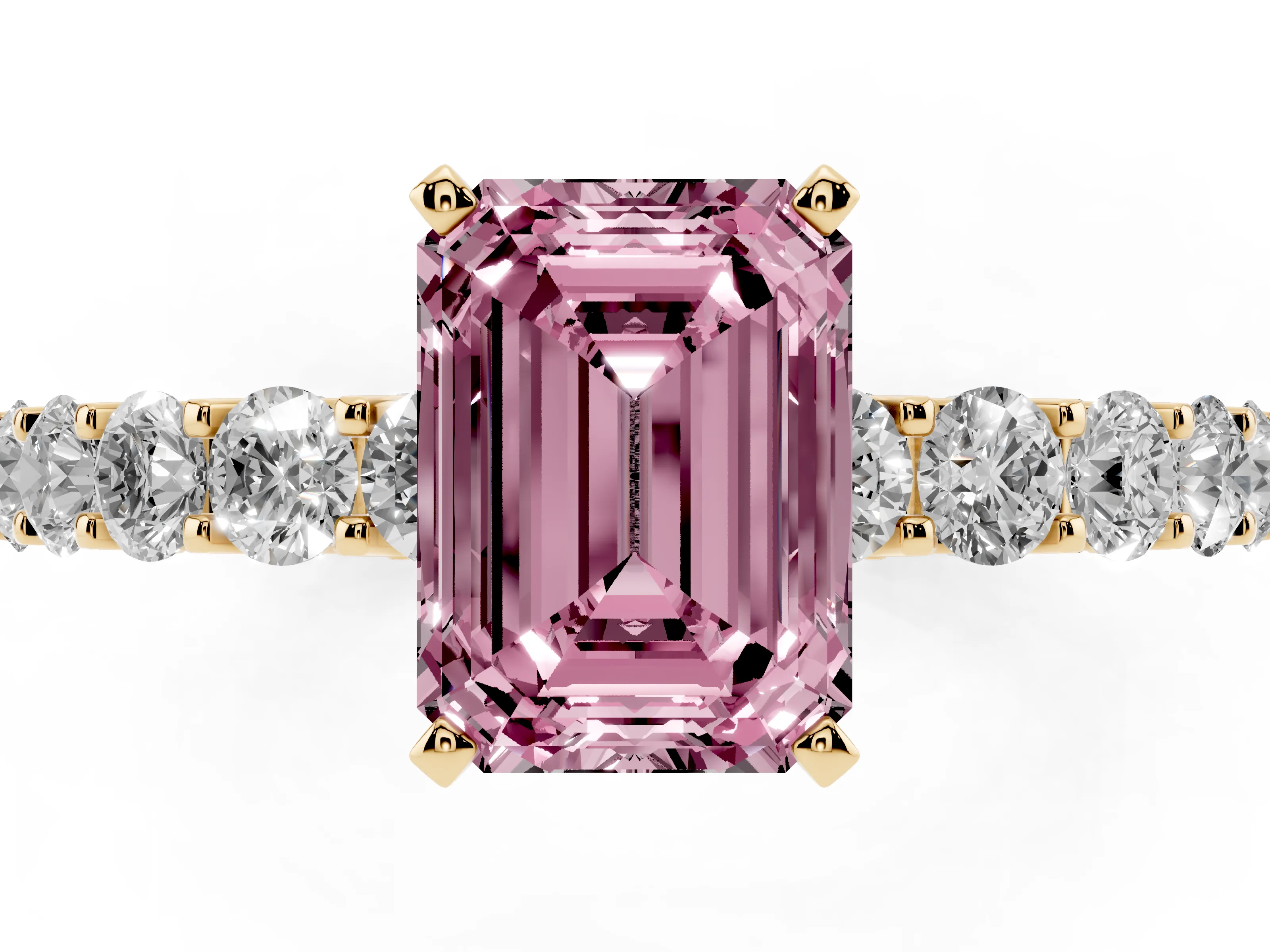 Fancy Pink Emerald Cut Diamond Solitaire Ring Set in Yellow gold with Shared Prong Pavé Band