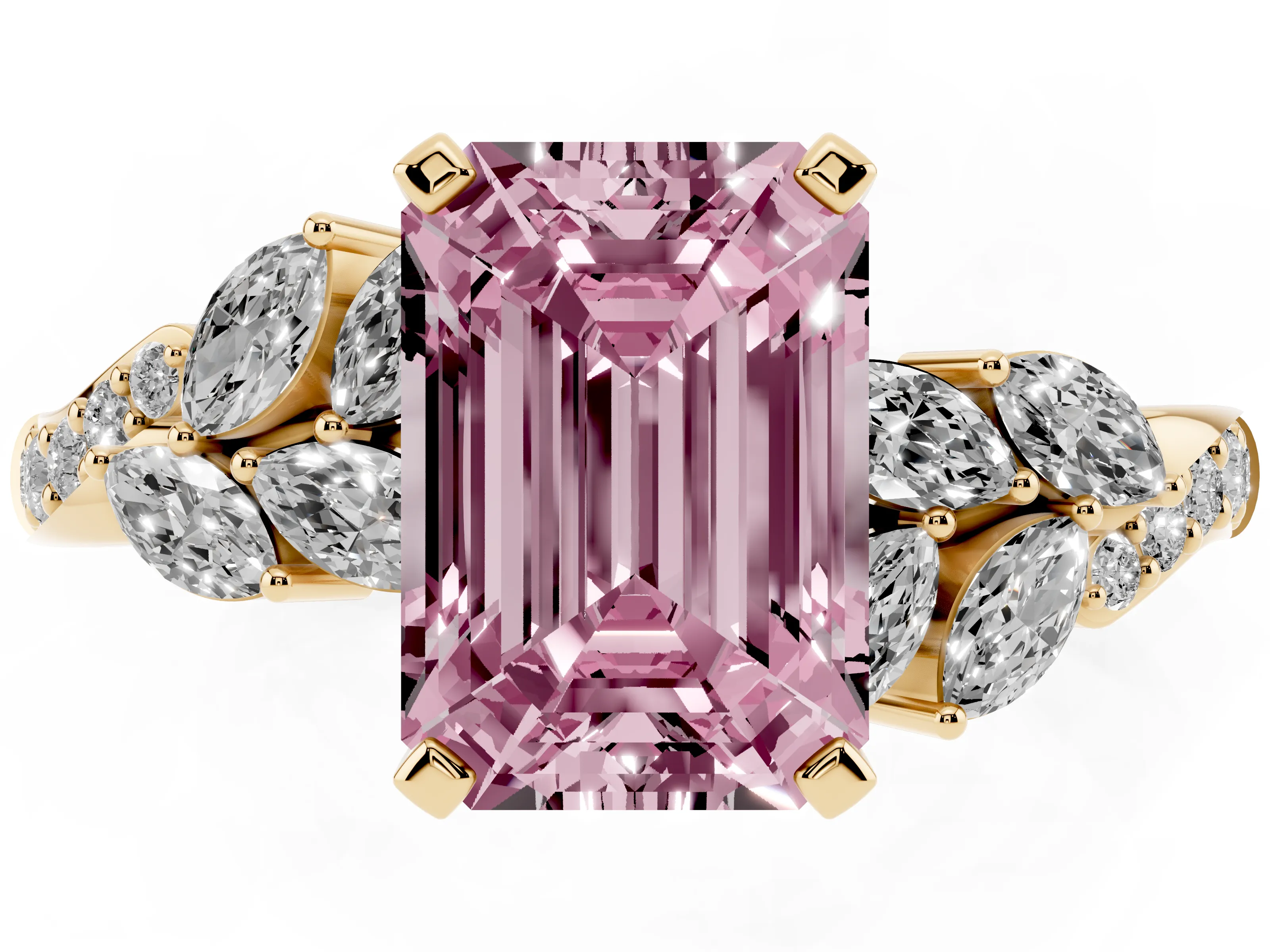 Fancy Pink Emerald Cut Diamond Solitaire Ring Set in Yellow gold with Marquise Twist Band and Prong Setting