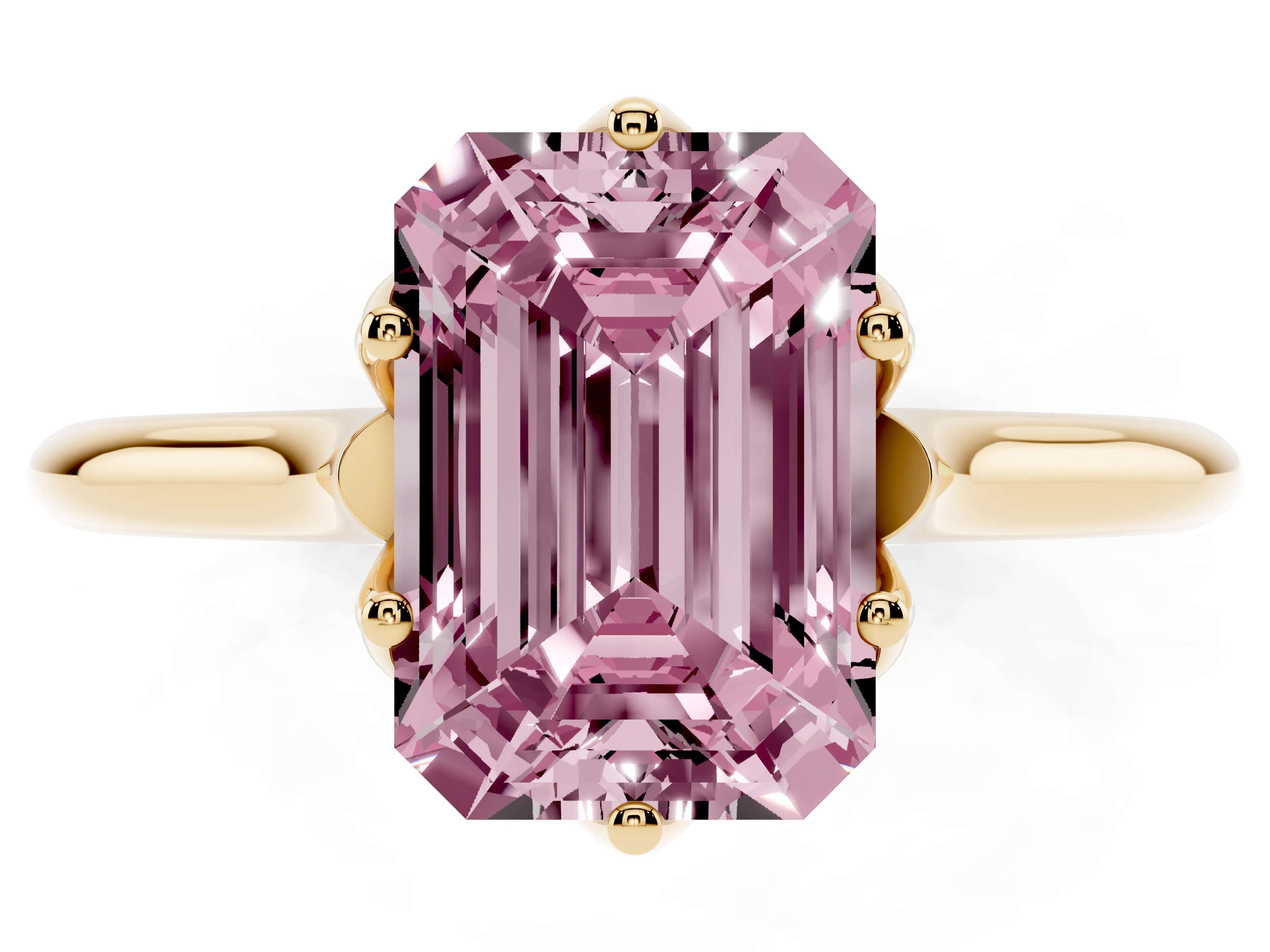 Fancy Pink Emerald Cut Diamond Solitaire Cathedral Ring Set in Yellow gold with Prong Setting