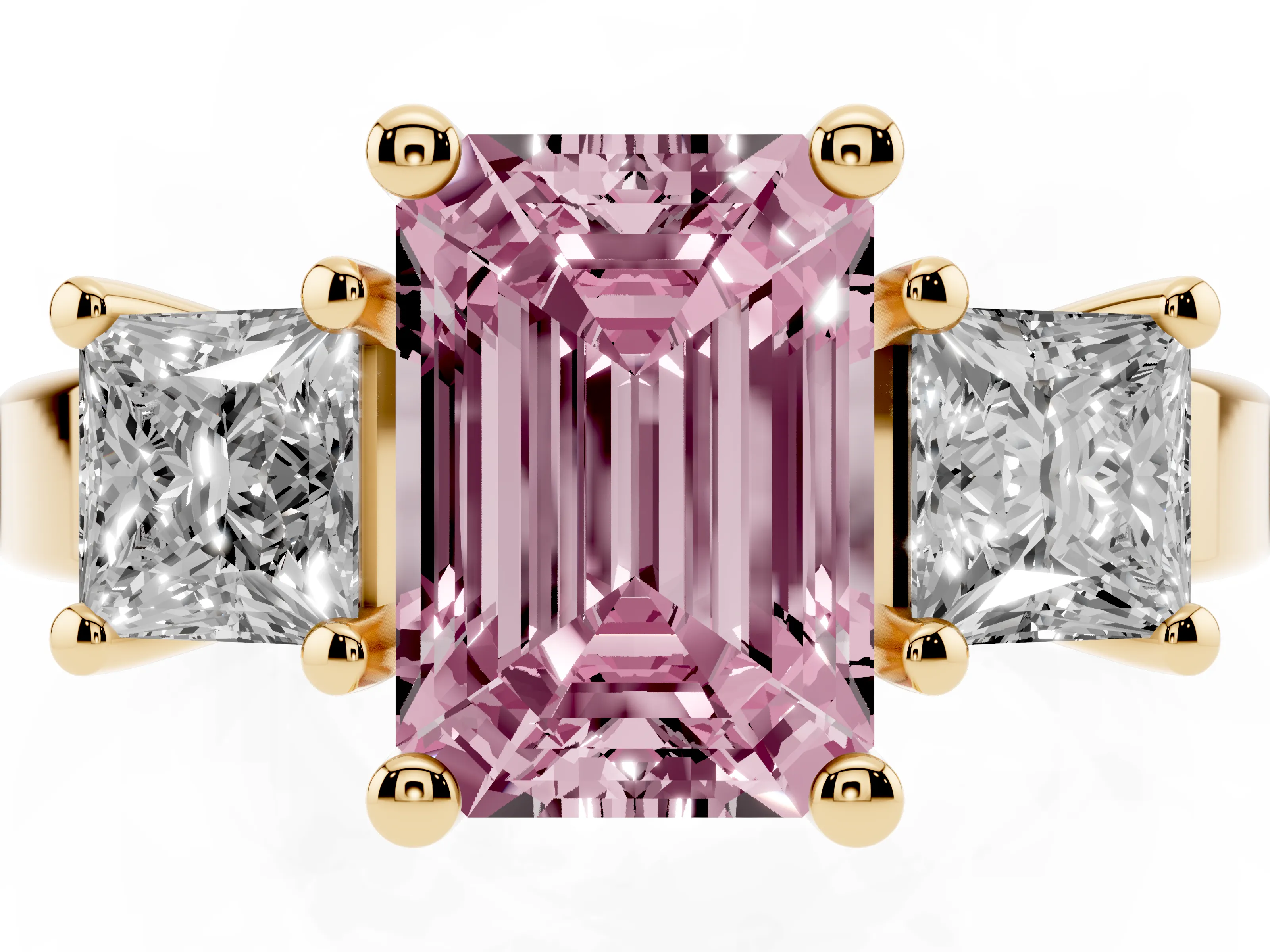 Fancy Pink Three-Stone Emerald Cut Diamond Solitaire Ring Set in Yellow gold with Prong Setting