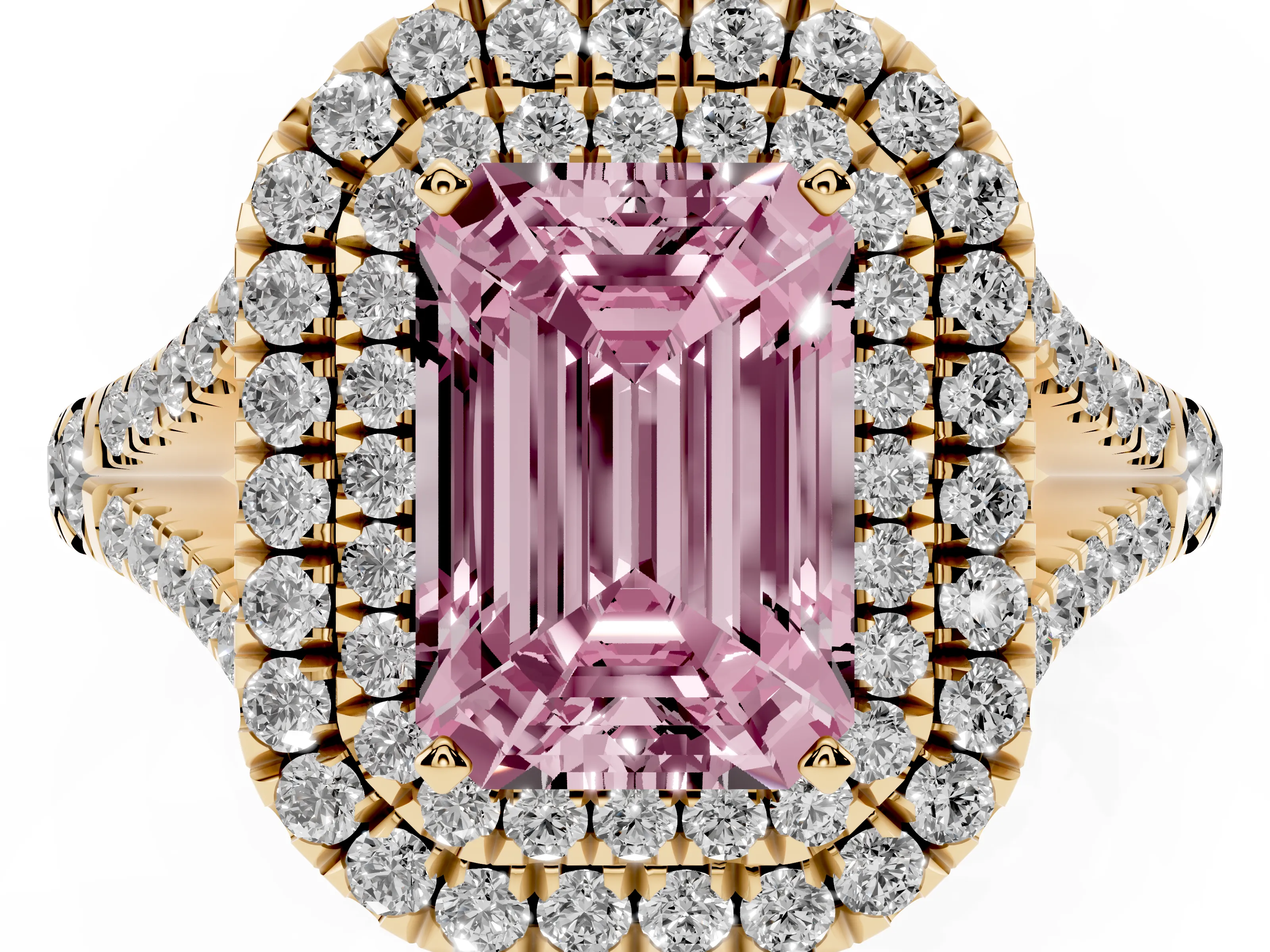 Fancy Pink Emerald Cut Diamond Pavé Split Shank Double Halo Engagement Ring Set in Yellow gold