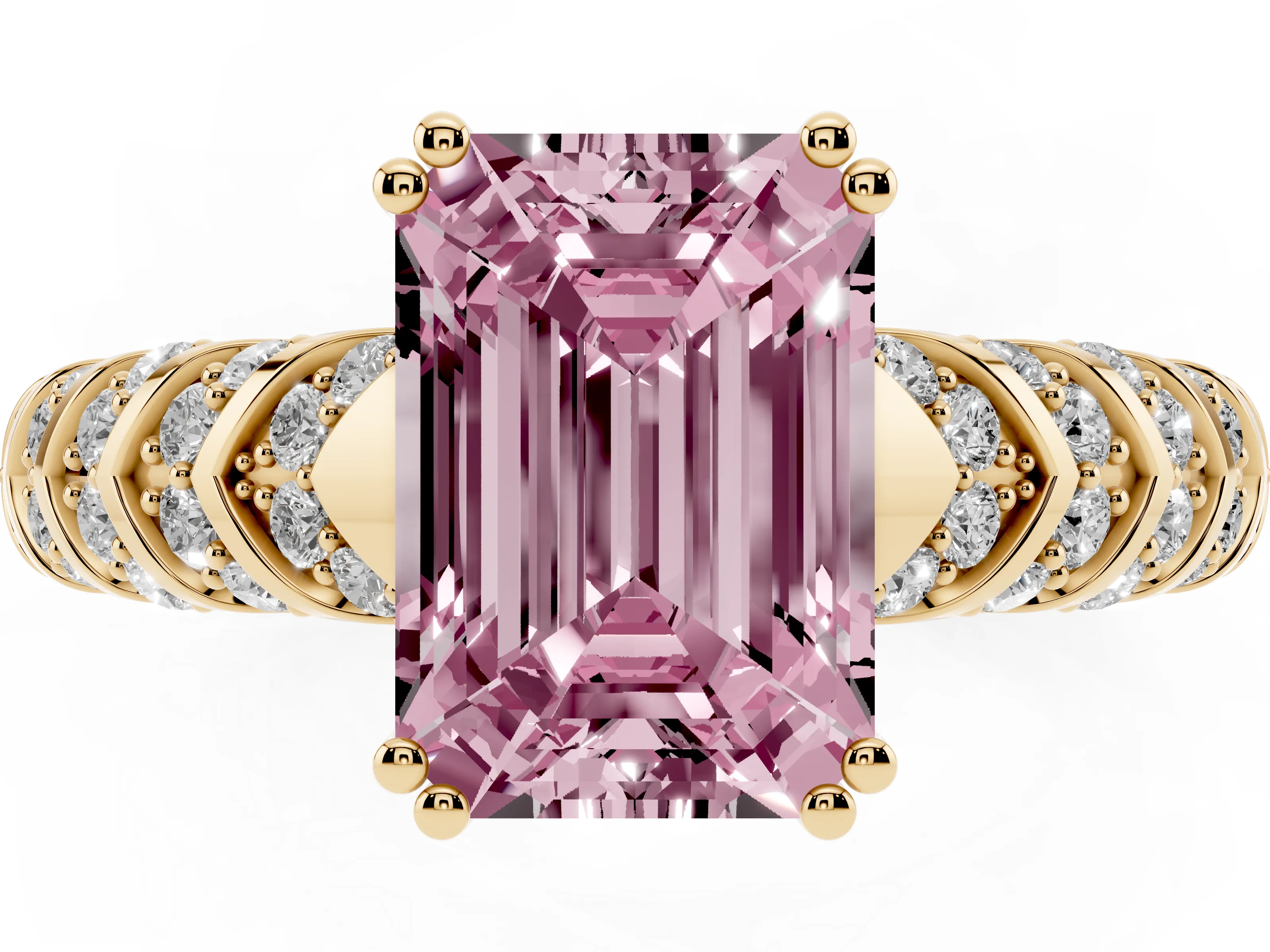 Fancy Pink Emerald Cut Diamond Solitaire Chevron Pavé Engagement Ring Set in Yellow gold with Prong Setting