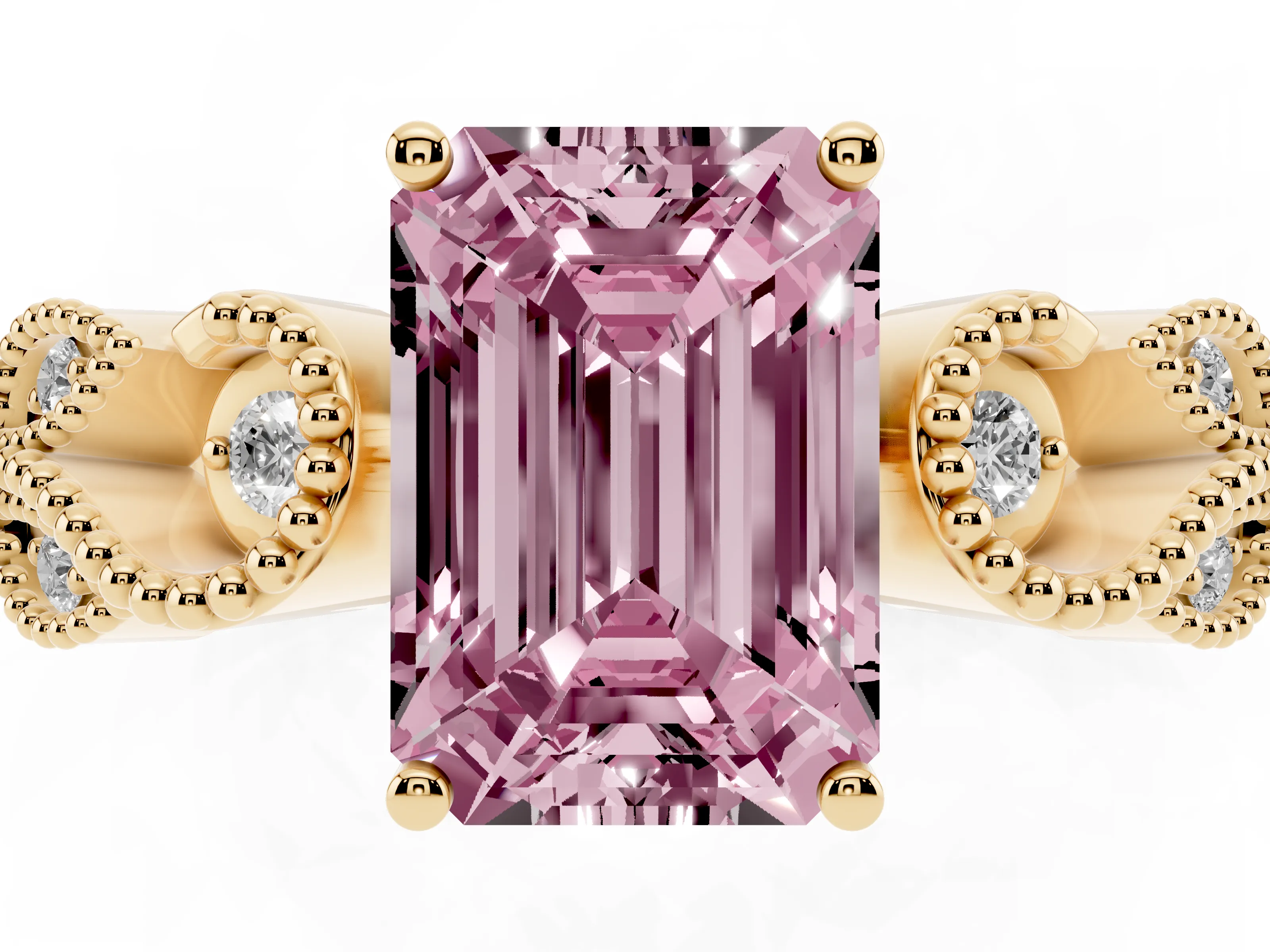 Fancy Pink Emerald Cut Diamond Milgrain Leaf Band Solitaire Ring Set in Yellow gold with Accent Stones and Prong Setting