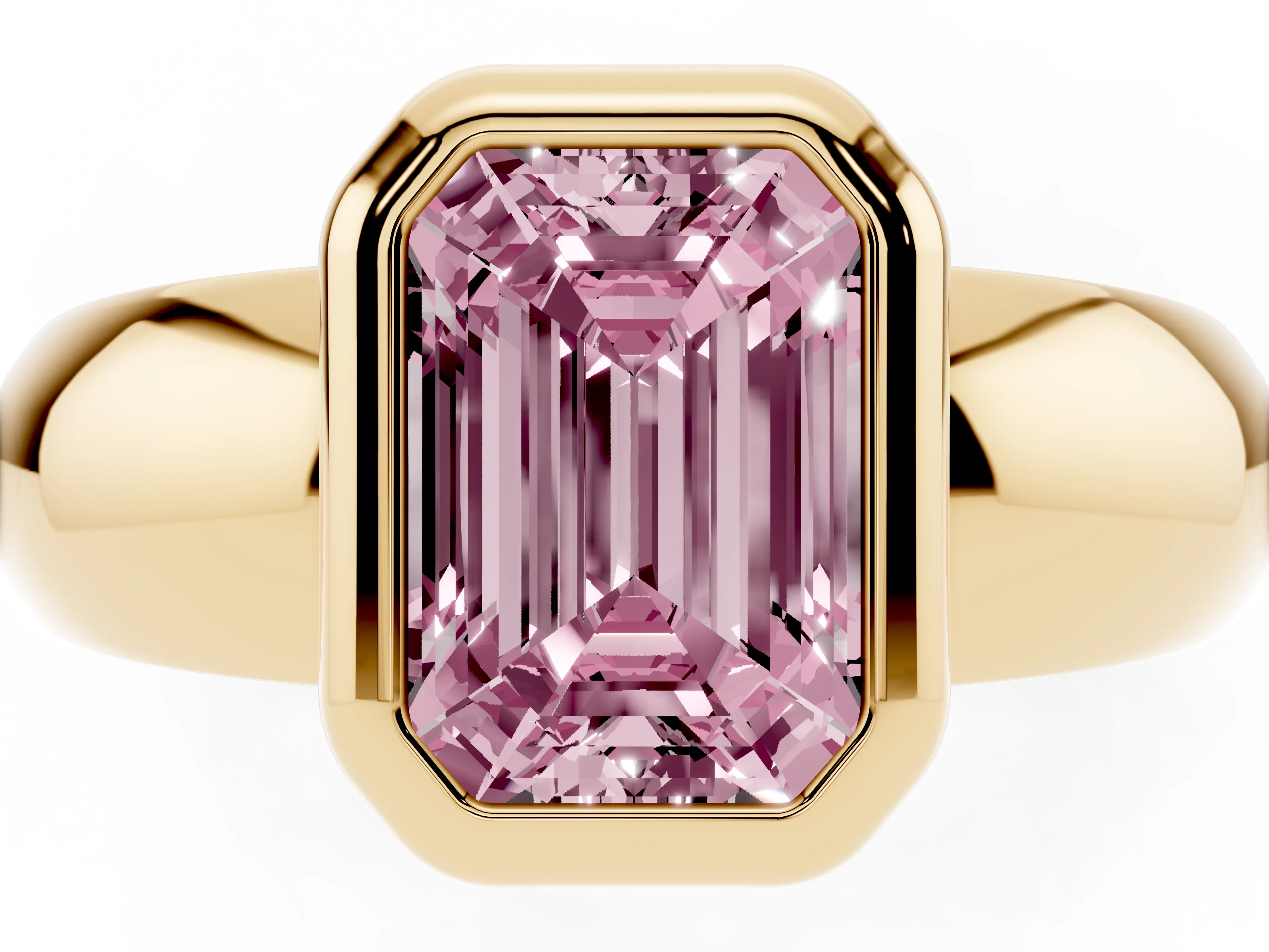 Fancy Pink Bezel Set Emerald Cut Diamond Solitaire Ring Set in Yellow gold with Wide Band