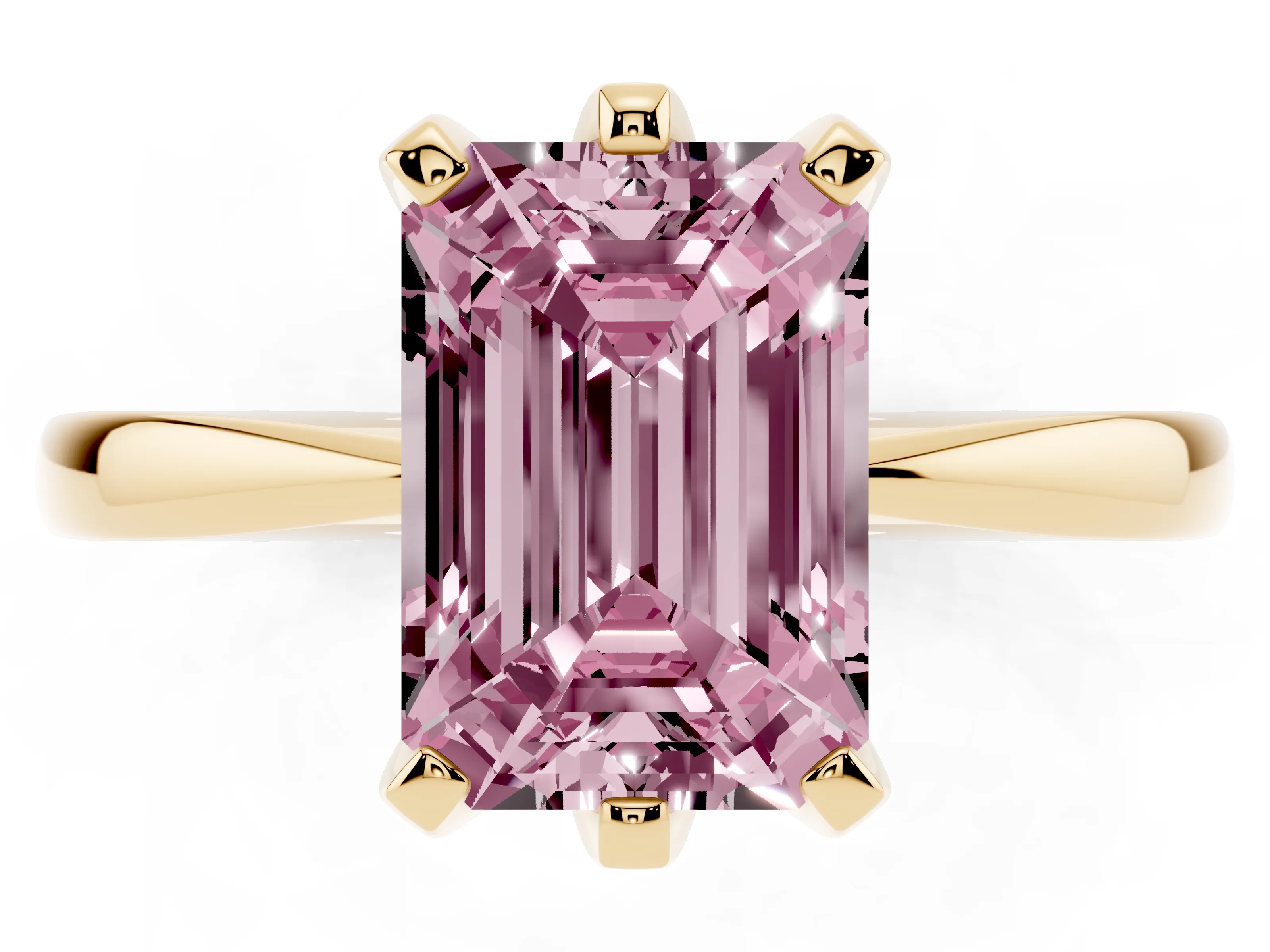 Fancy Pink Emerald Cut Diamond Solitaire Engagement Ring Set in Yellow gold with Slim Tapered Solitaire Band