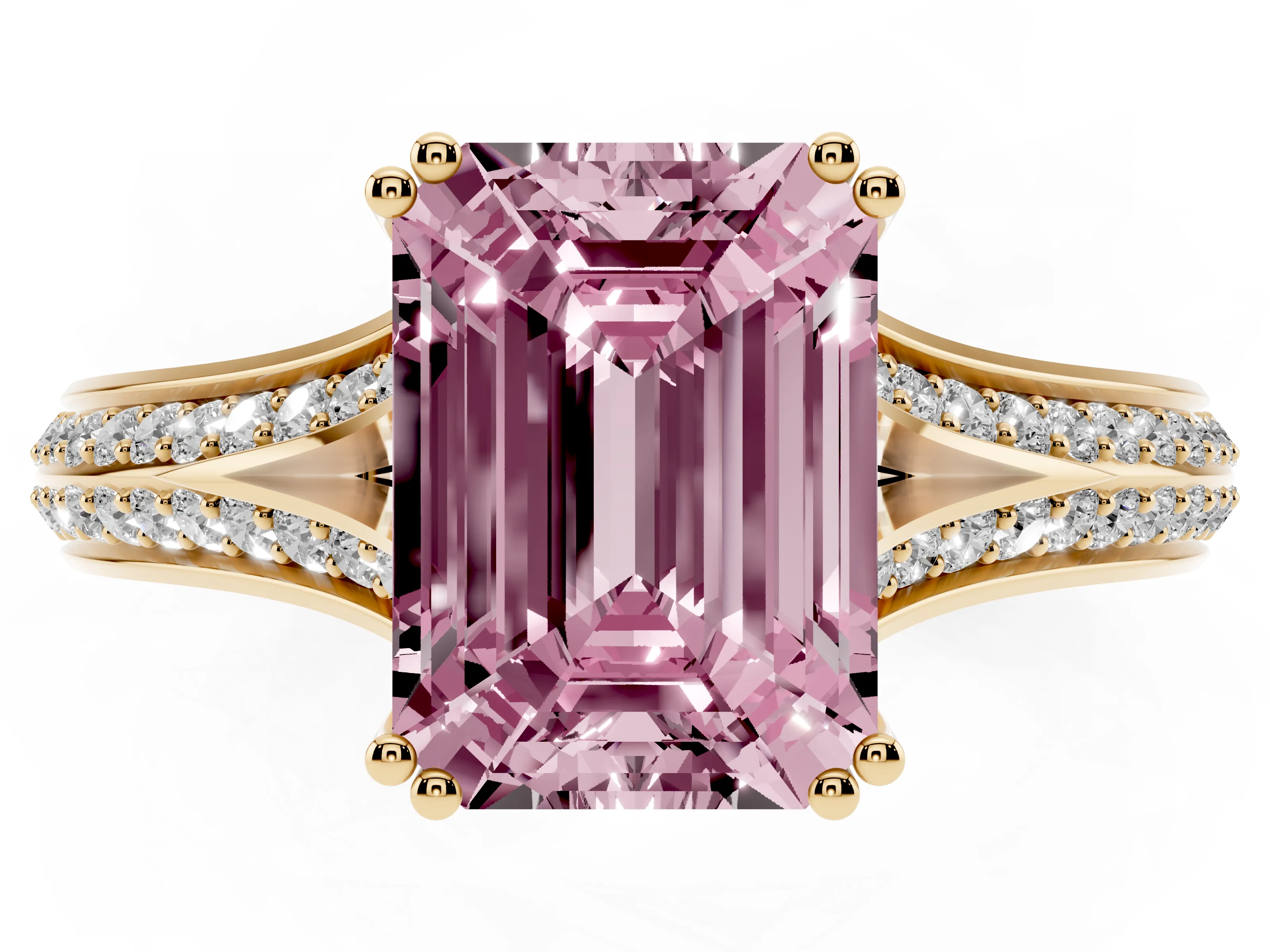 Fancy Pink Emerald Cut Diamond Split Shank Pavé Engagement Ring Set in Yellow gold with Prong-Set Center Stone