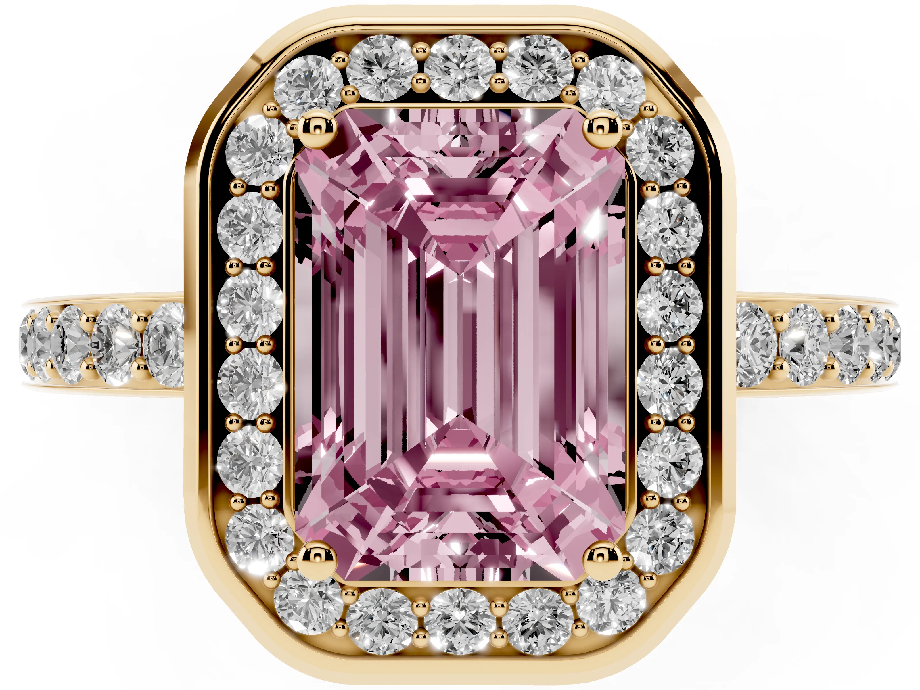 Fancy Pink Emerald Cut Diamond Halo Ring Set in Yellow gold with Bezel Frame and Pavé Band