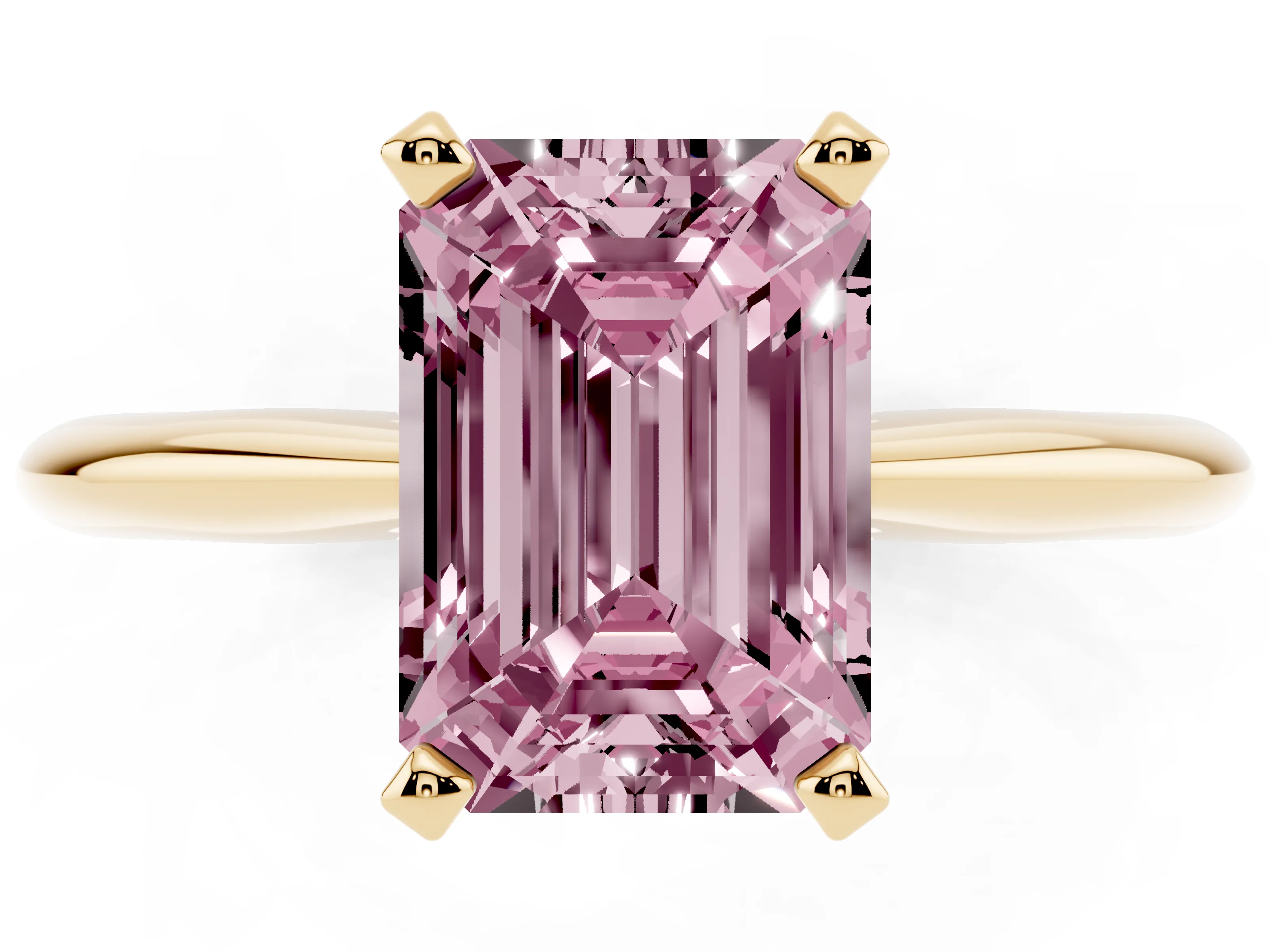 Fancy Pink Emerald Cut Diamond Solitaire Ring Set in Yellow gold with Prong Setting on a Plain Round Band