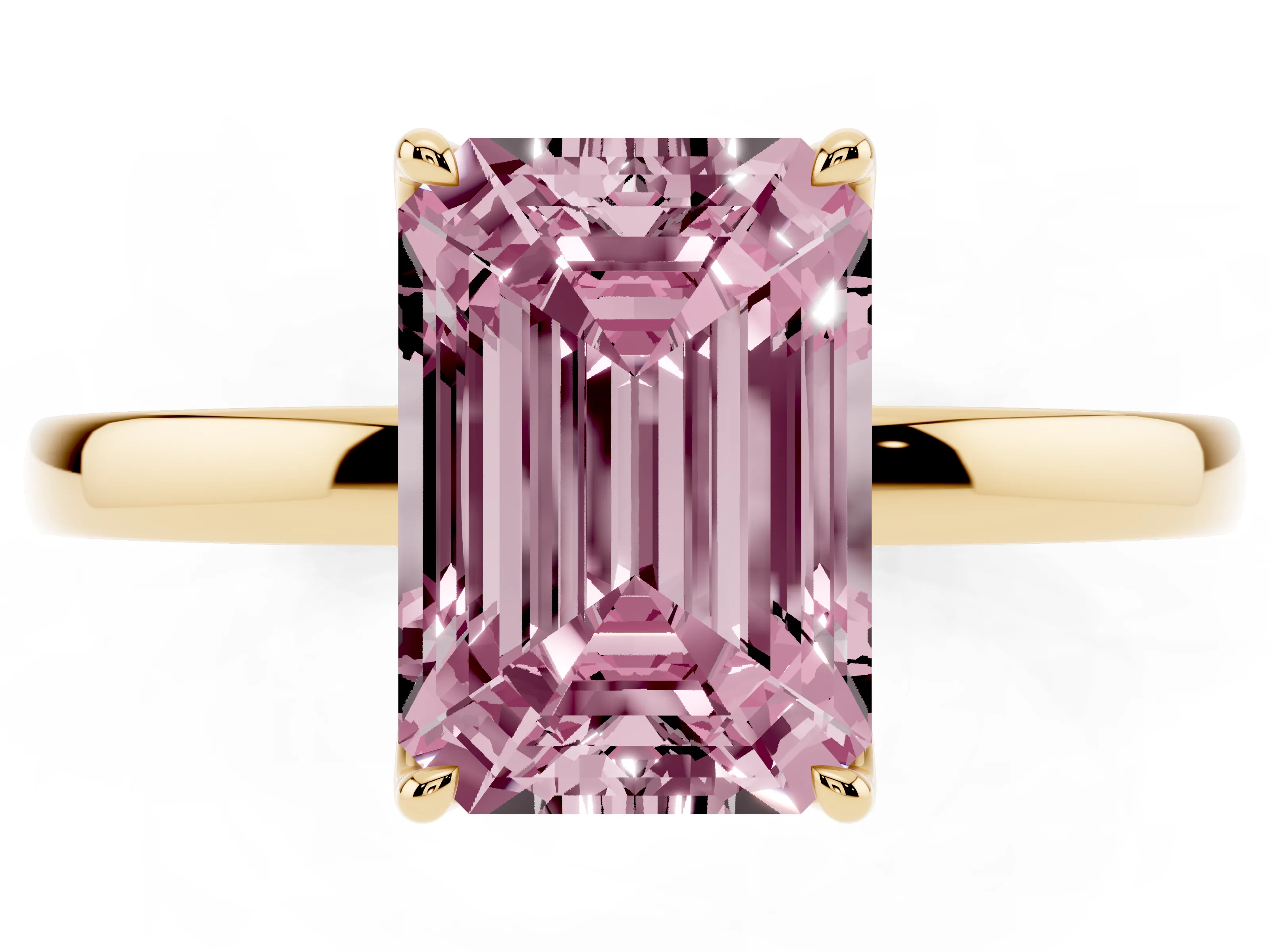 Fancy Pink Emerald Cut Diamond Solitaire Ring Set in Yellow gold with Prong Setting and Thin Polished Band