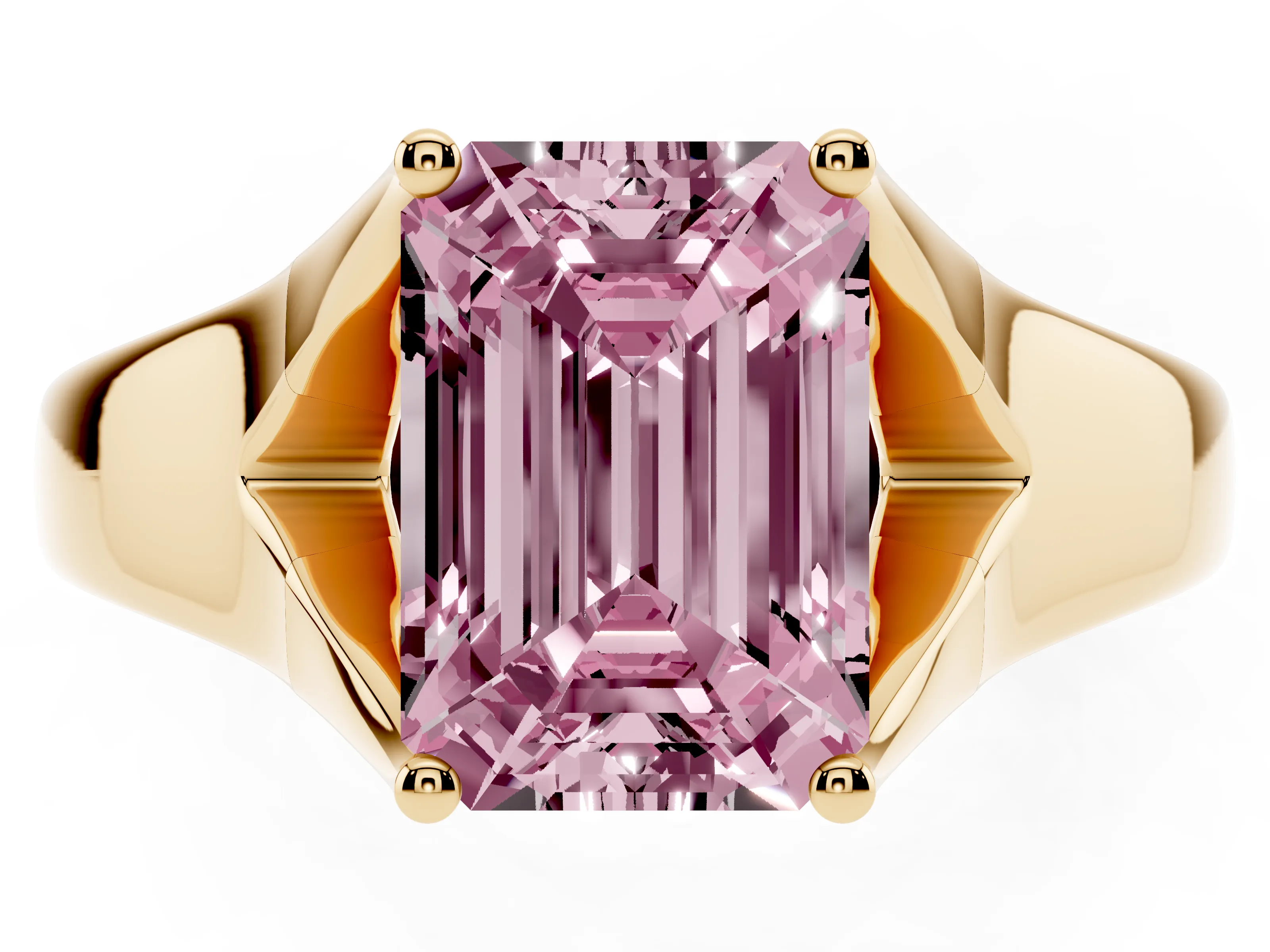 Fancy Pink Emerald Cut Diamond Solitaire Ring Set in Yellow gold with Arched Cathedral Band and Prong Setting