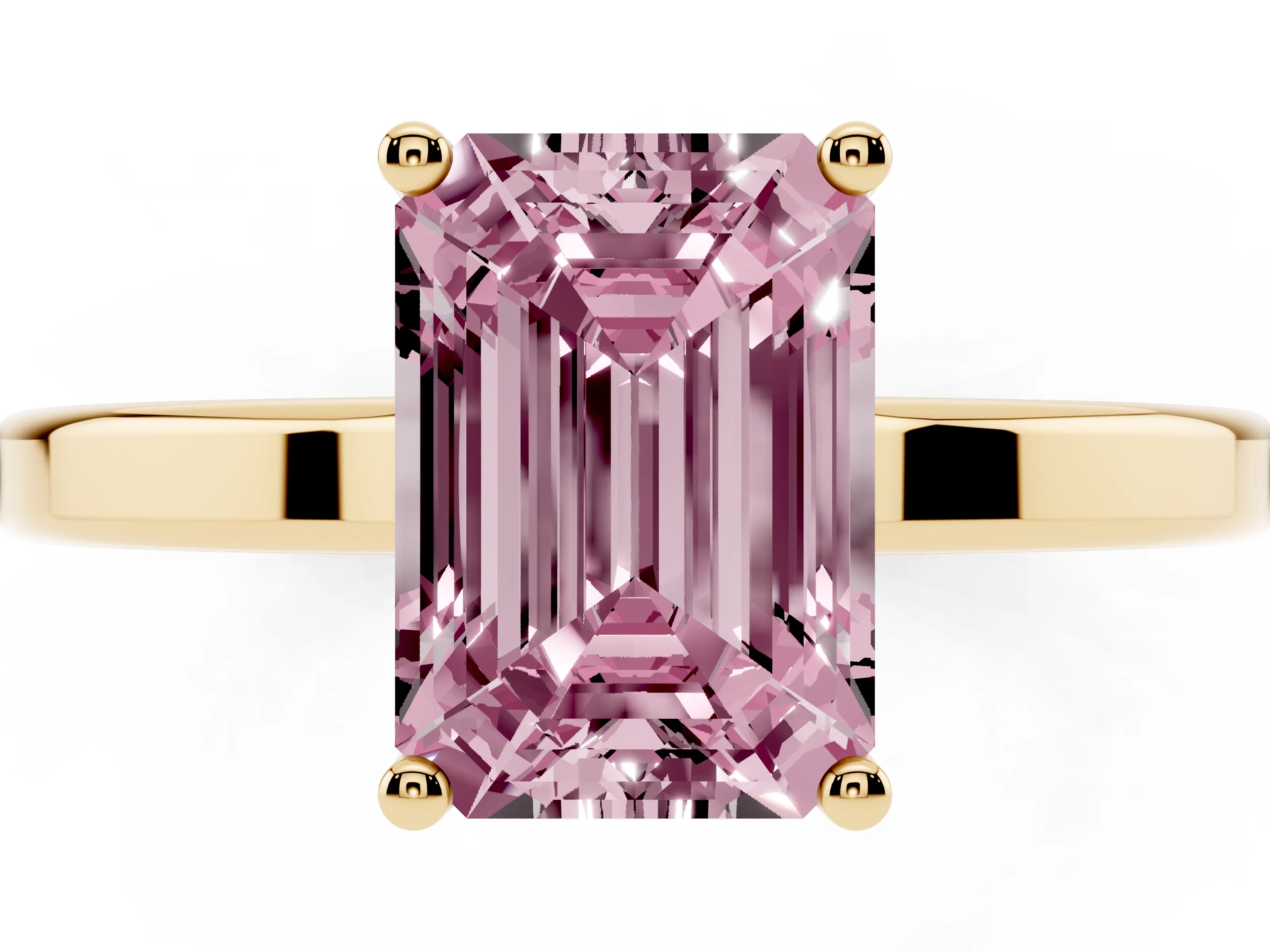 Fancy Pink Emerald Cut Diamond Solitaire Engagement Ring Set in Yellow gold with Prong Setting on a Plain Band