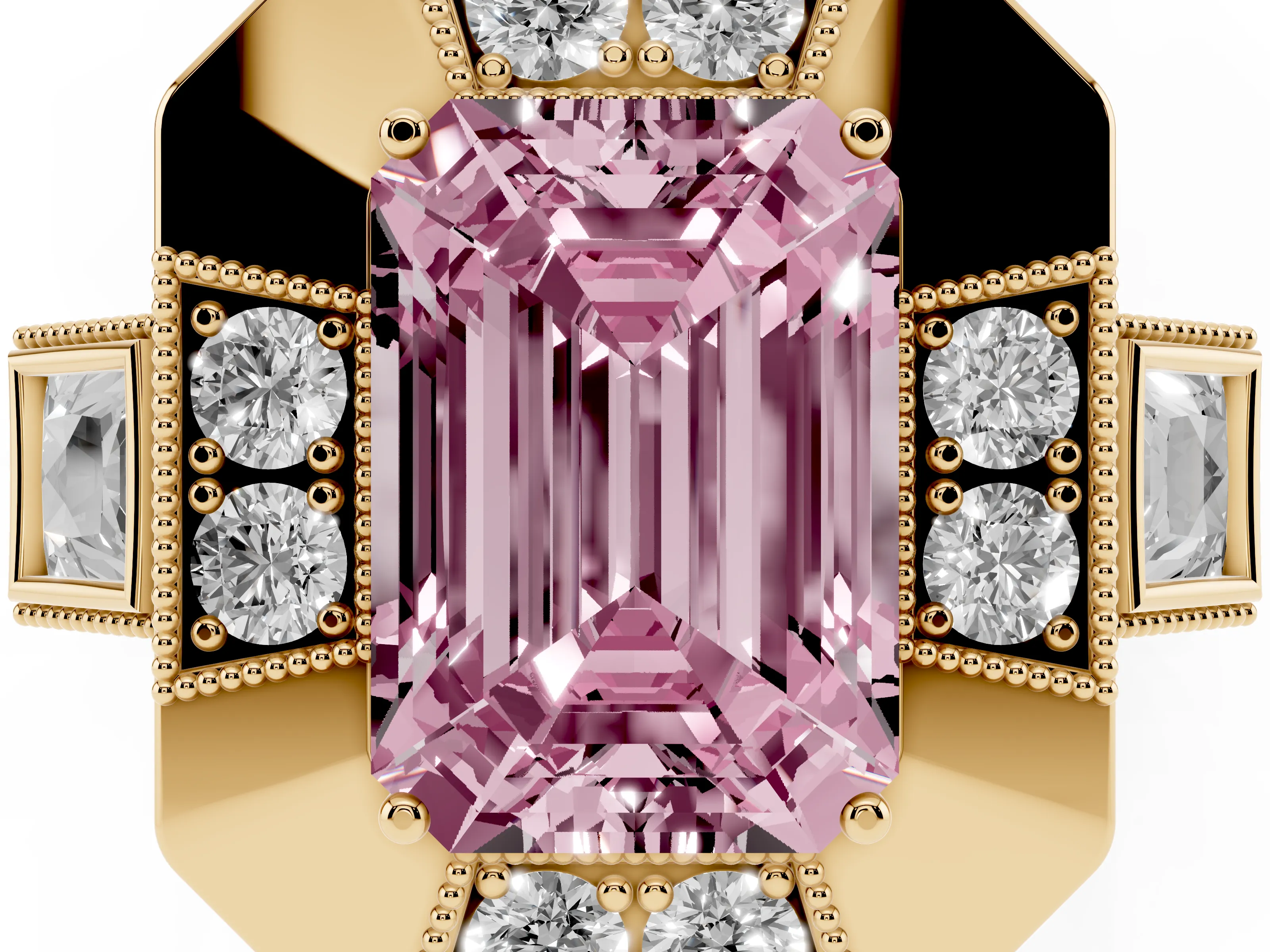 Fancy Pink Emerald Cut Diamond Milgrain Halo Ring Set in Yellow gold with Split Shank
